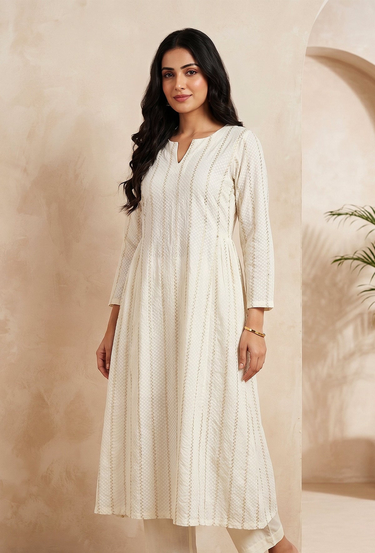 Women's Ivory Cotton Lurex Self Design A-Line Kurta サイズ XXXL