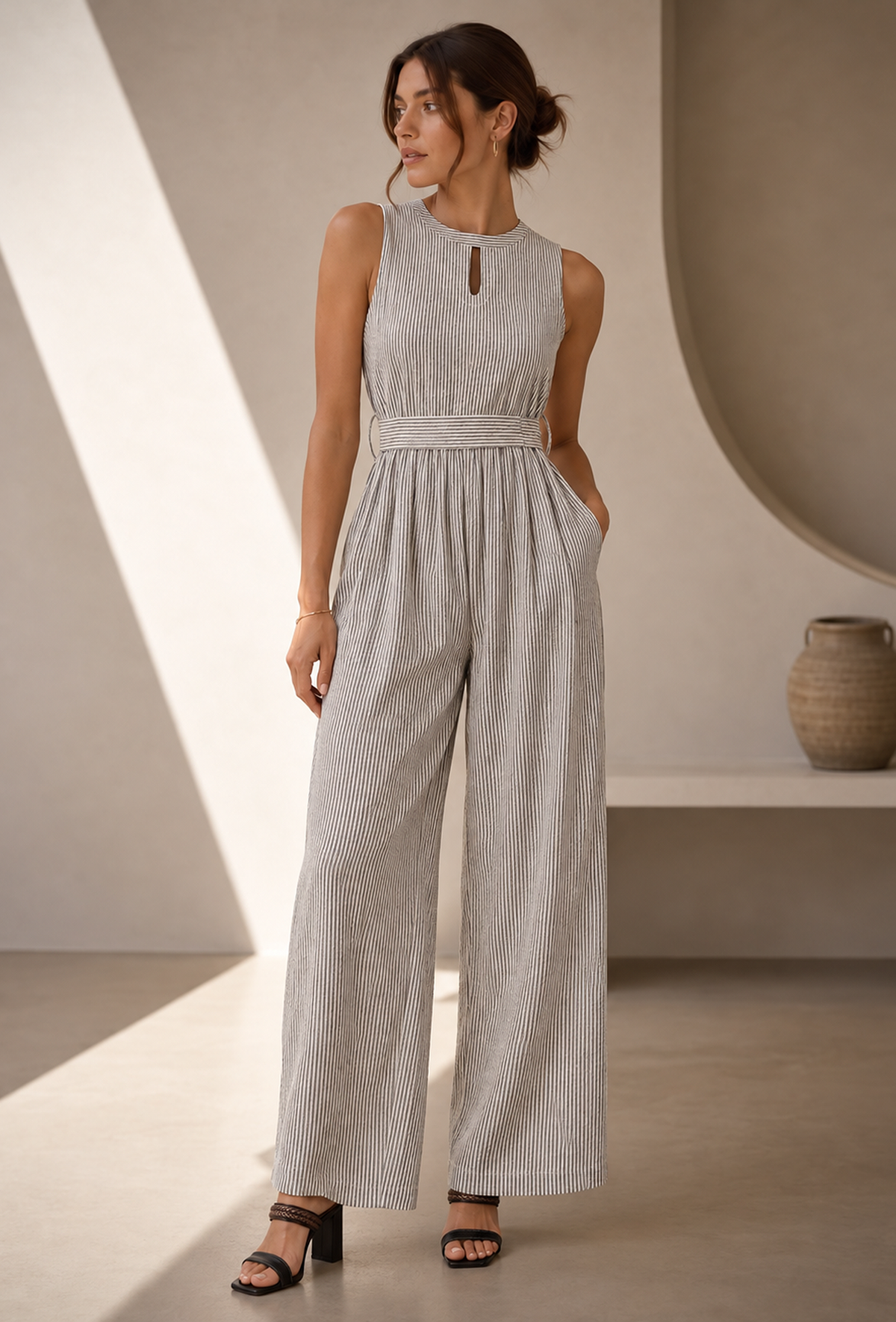 Monochrome Muse Striped Sleeveless Cutout Stripe Jumpsuit サイズ XL