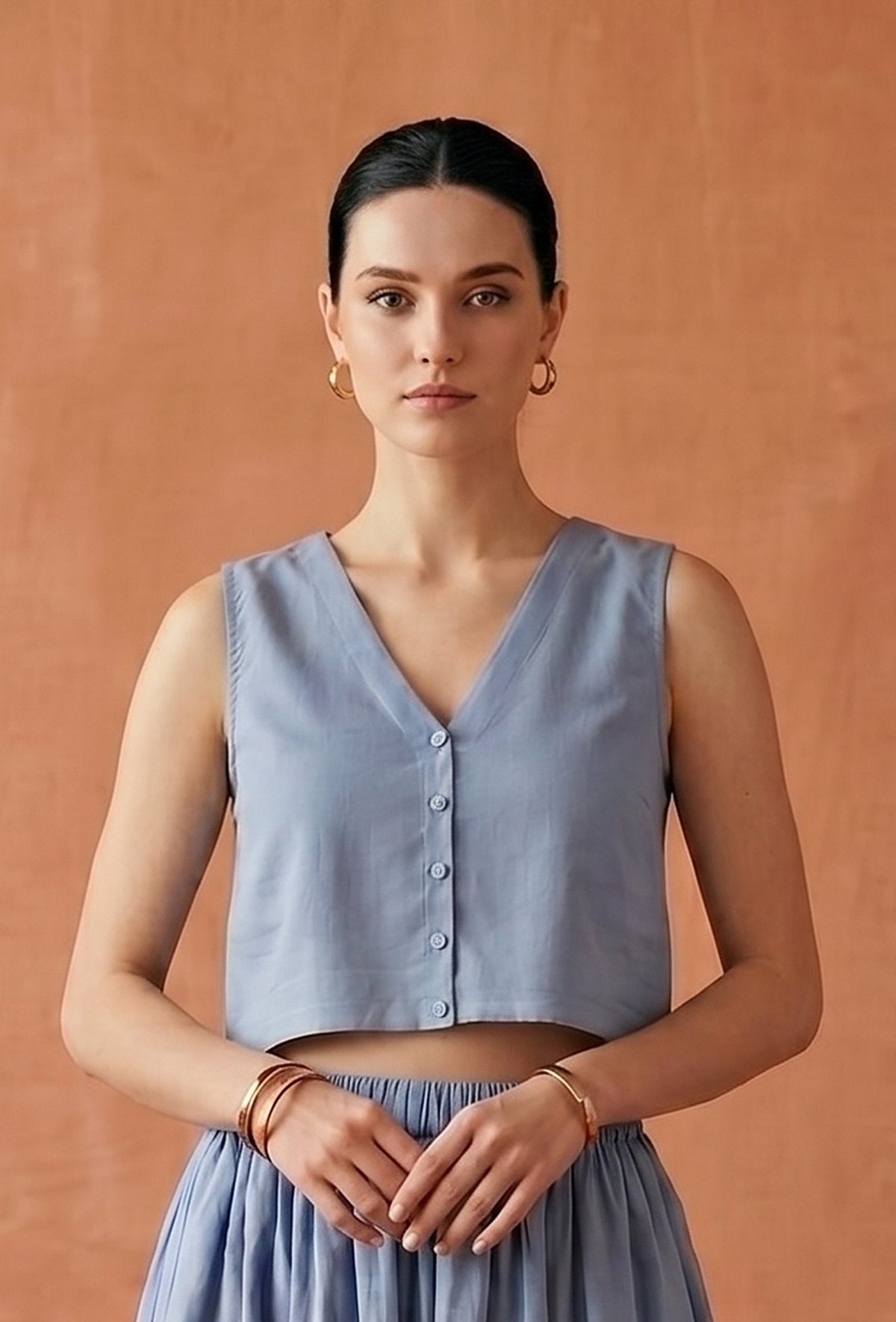 Dusty Blue Cotton Slub V-Neck Button-Down Crop Top サイズ S