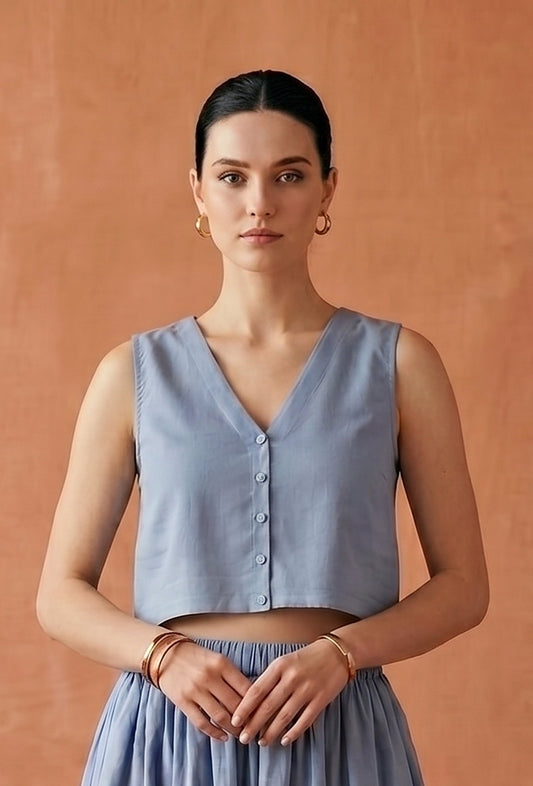 Dusty Blue Cotton Slub V-Neck Button-Down Crop Top サイズ M
