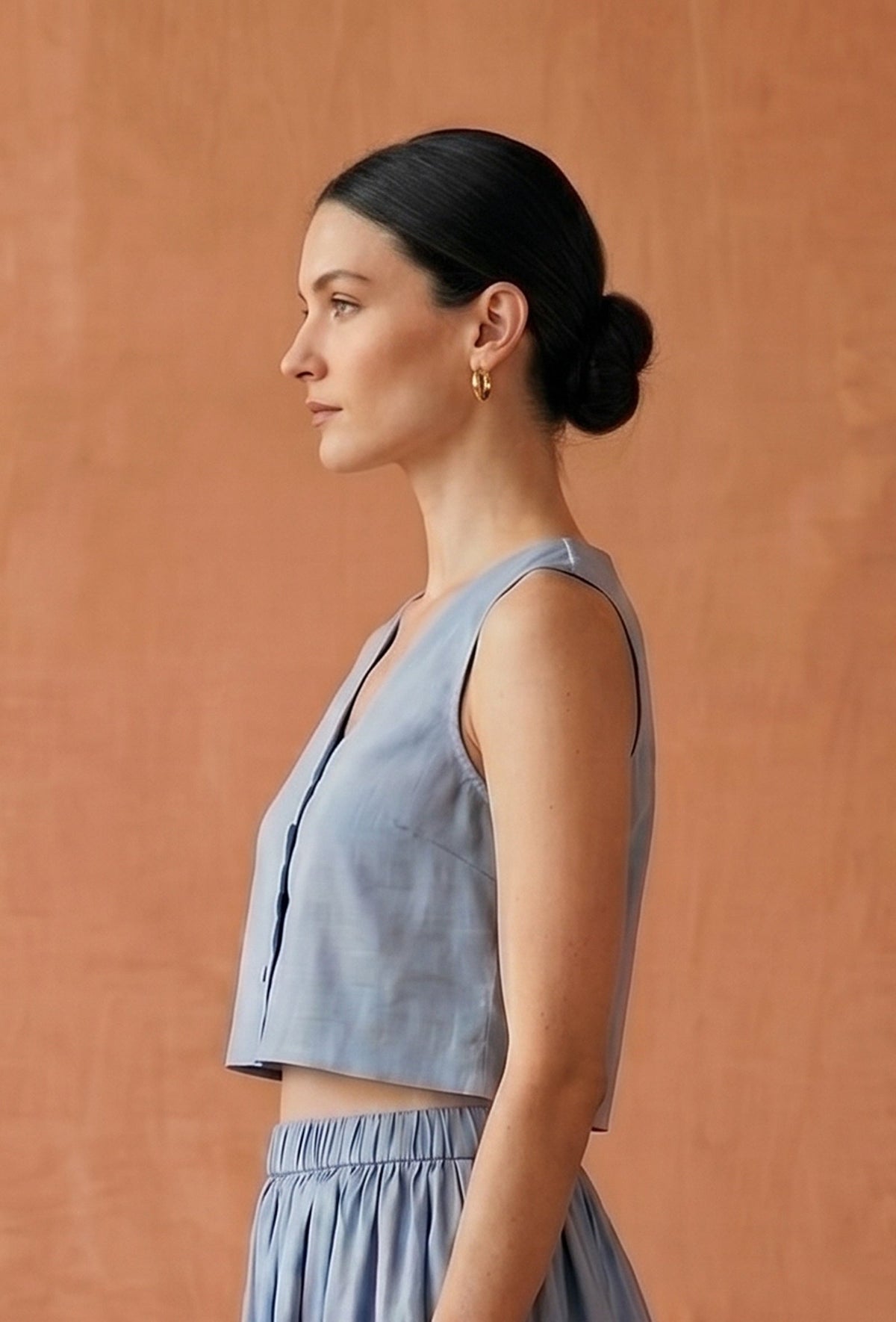 Dusty Blue Cotton Slub V-Neck Button-Down Crop Top サイズ S