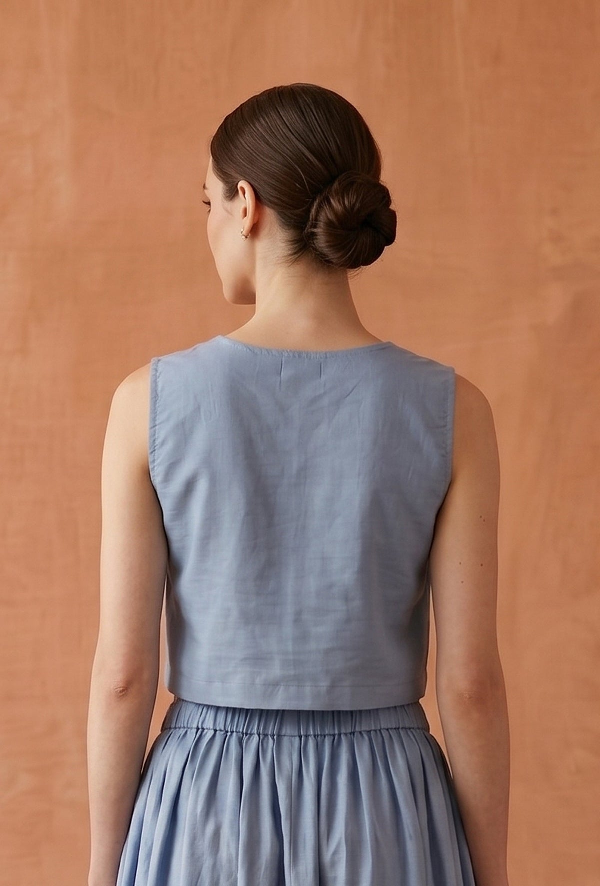 Dusty Blue Cotton Slub V-Neck Button-Down Crop Top サイズ M