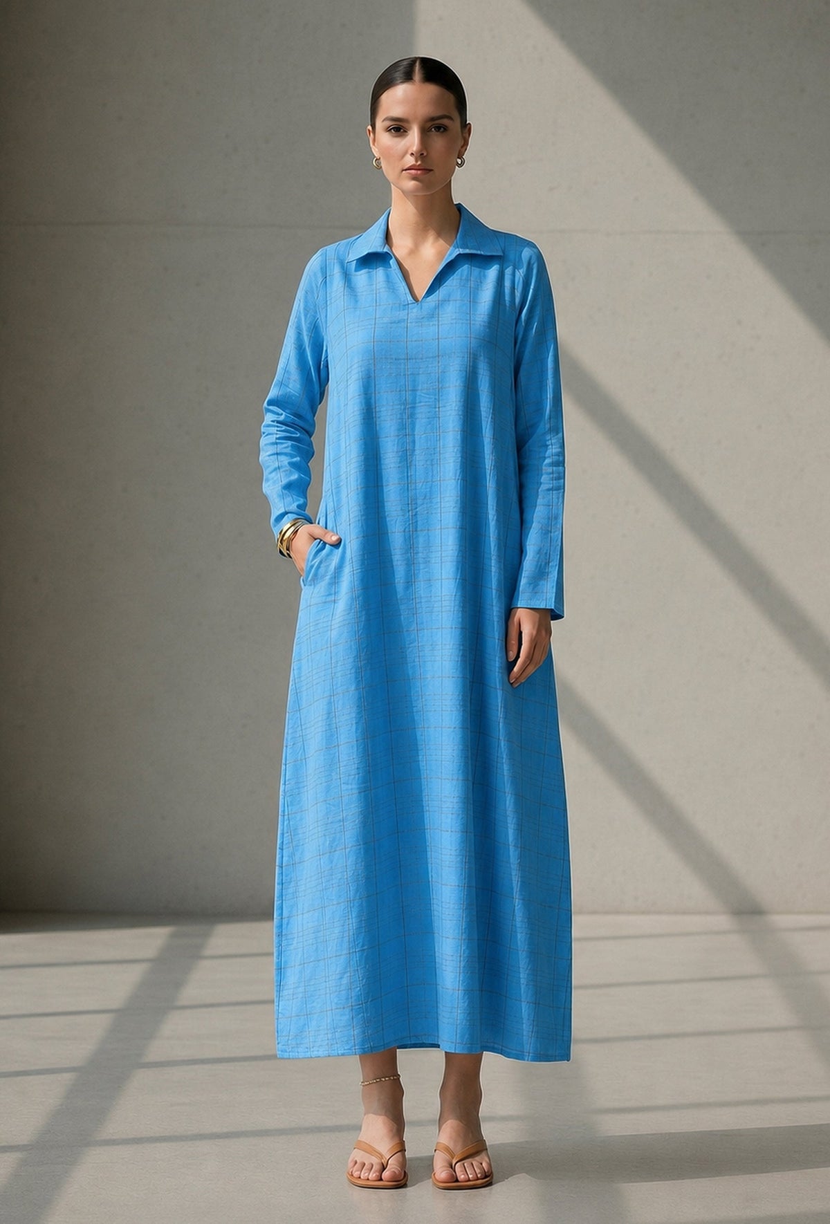 Sky Blue Relaxed Fit Cotton Collared Maxi Dress サイズ M
