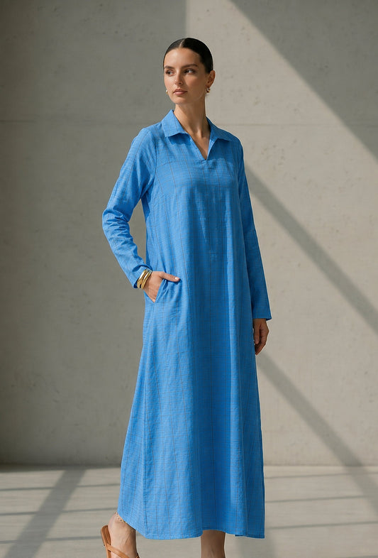 Sky Blue Relaxed Fit Cotton Collared Maxi Dress サイズ M