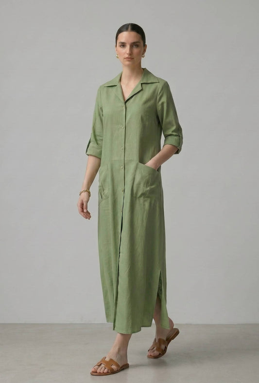 Olive Green Button-Down Cotton Long Dress サイズ M