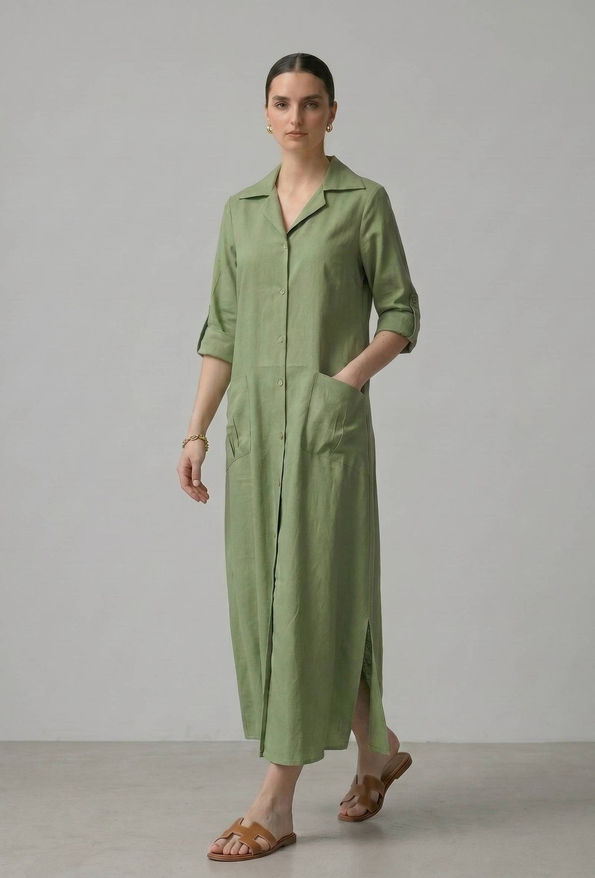Olive Green Button-Down Cotton Long Dress サイズ XS
