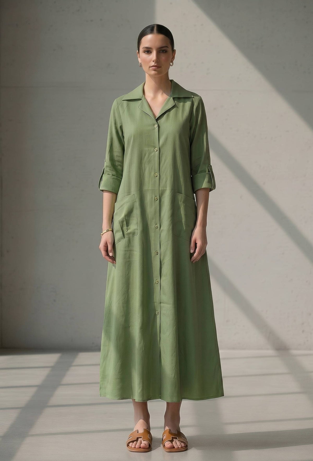Olive Green Button-Down Cotton Long Dress サイズ M