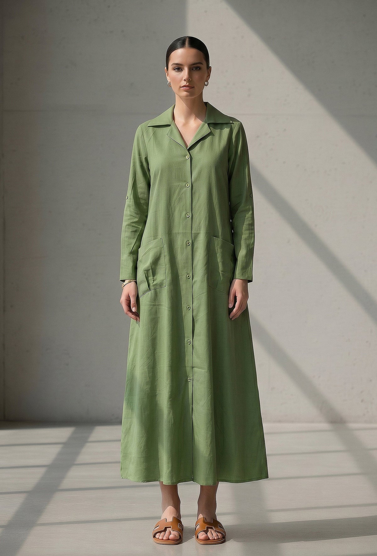 Olive Green Button-Down Cotton Long Dress サイズ M