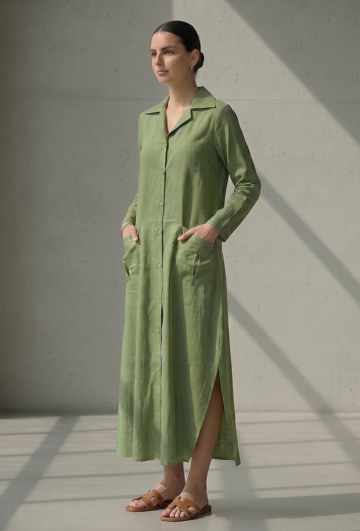 Olive Green Button-Down Cotton Long Dress サイズ S