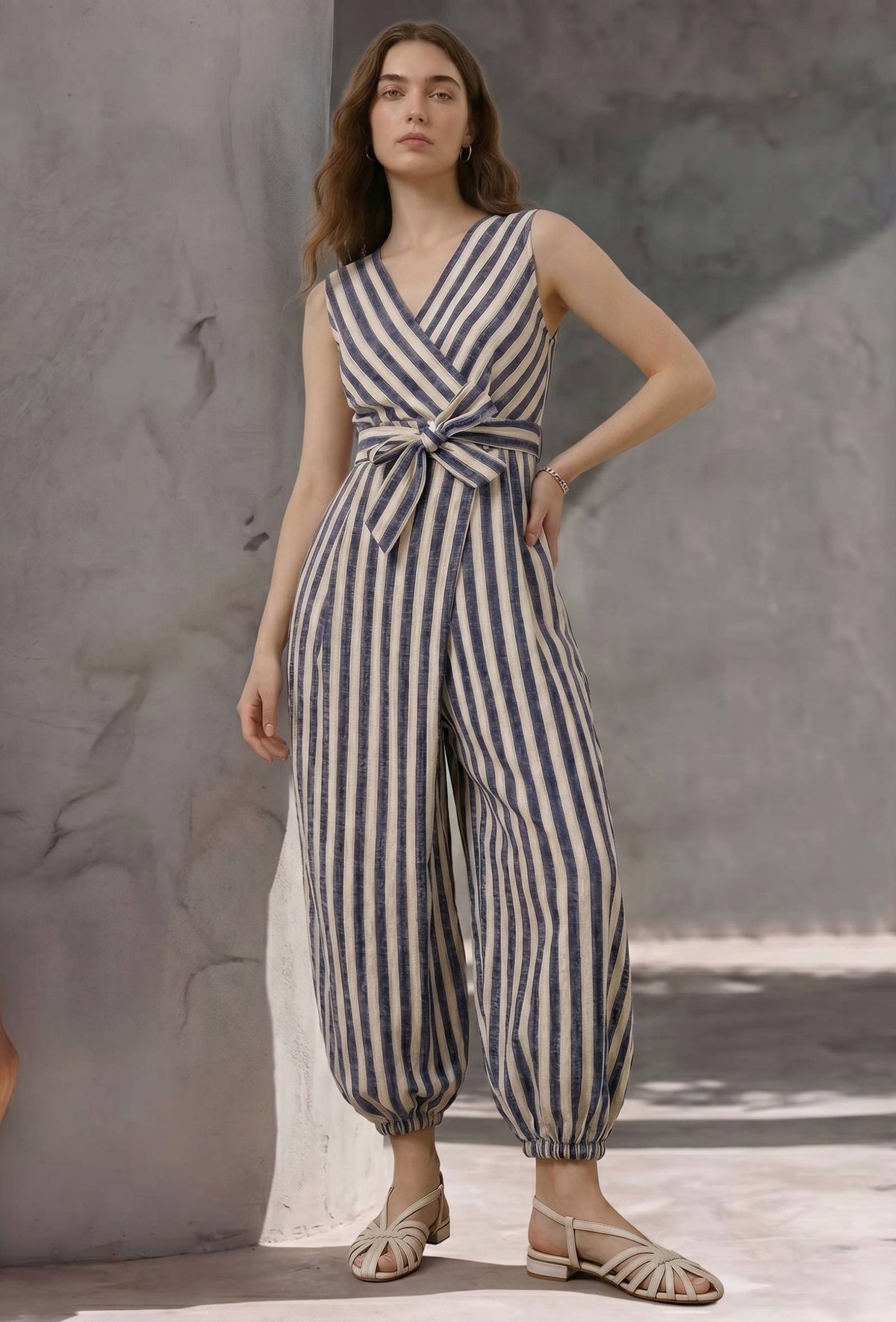 Navy Blue & White Stripe Harem Jumpsuit サイズ L