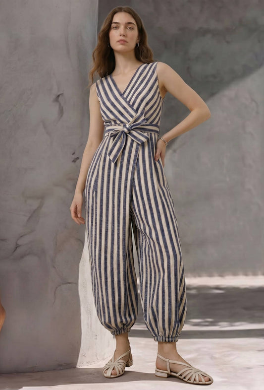 Navy Blue & White Stripe Harem Jumpsuit サイズ M