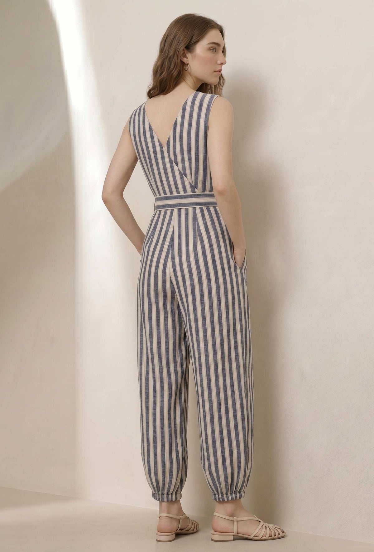 Navy Blue & White Stripe Harem Jumpsuit サイズ M
