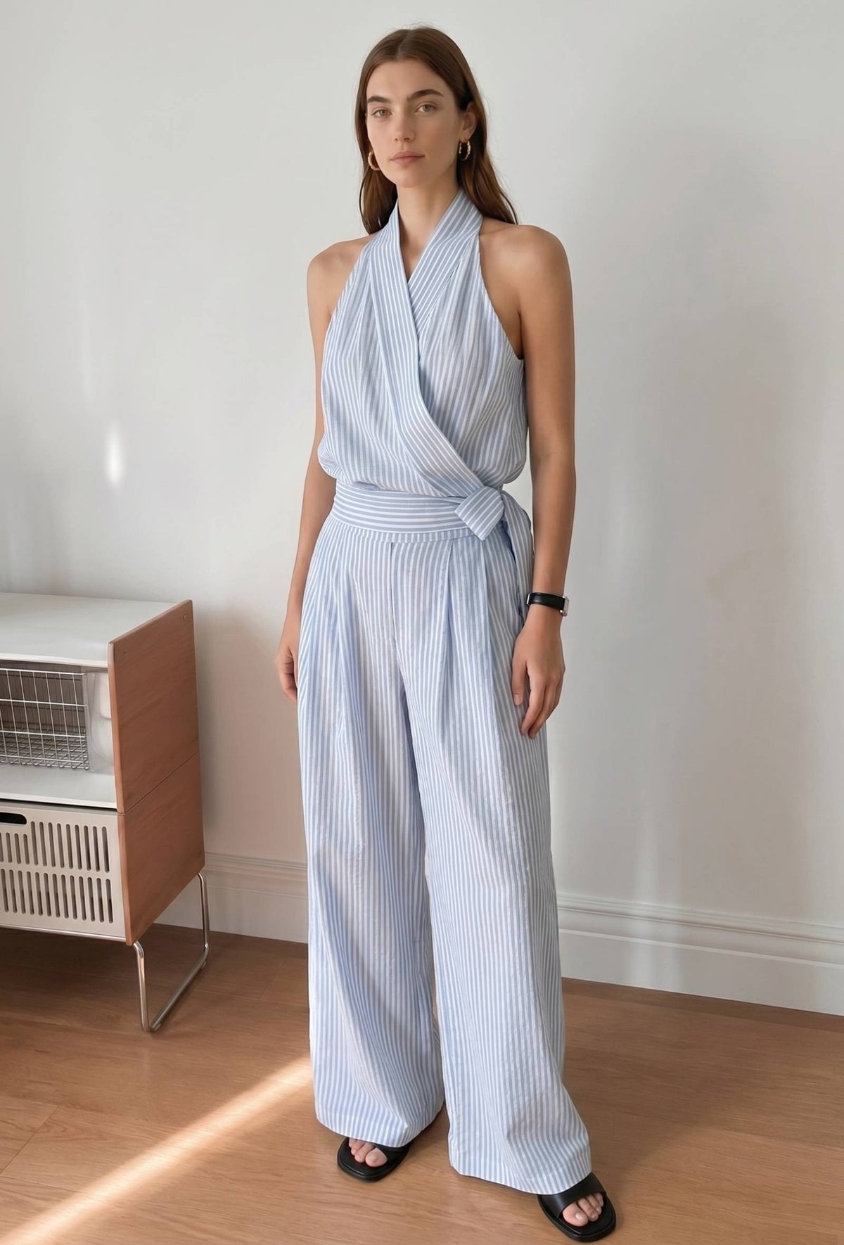 Blue & White Striped Halter Neck Wrap Jumpsuit with Waist Tie-Up サイズ M