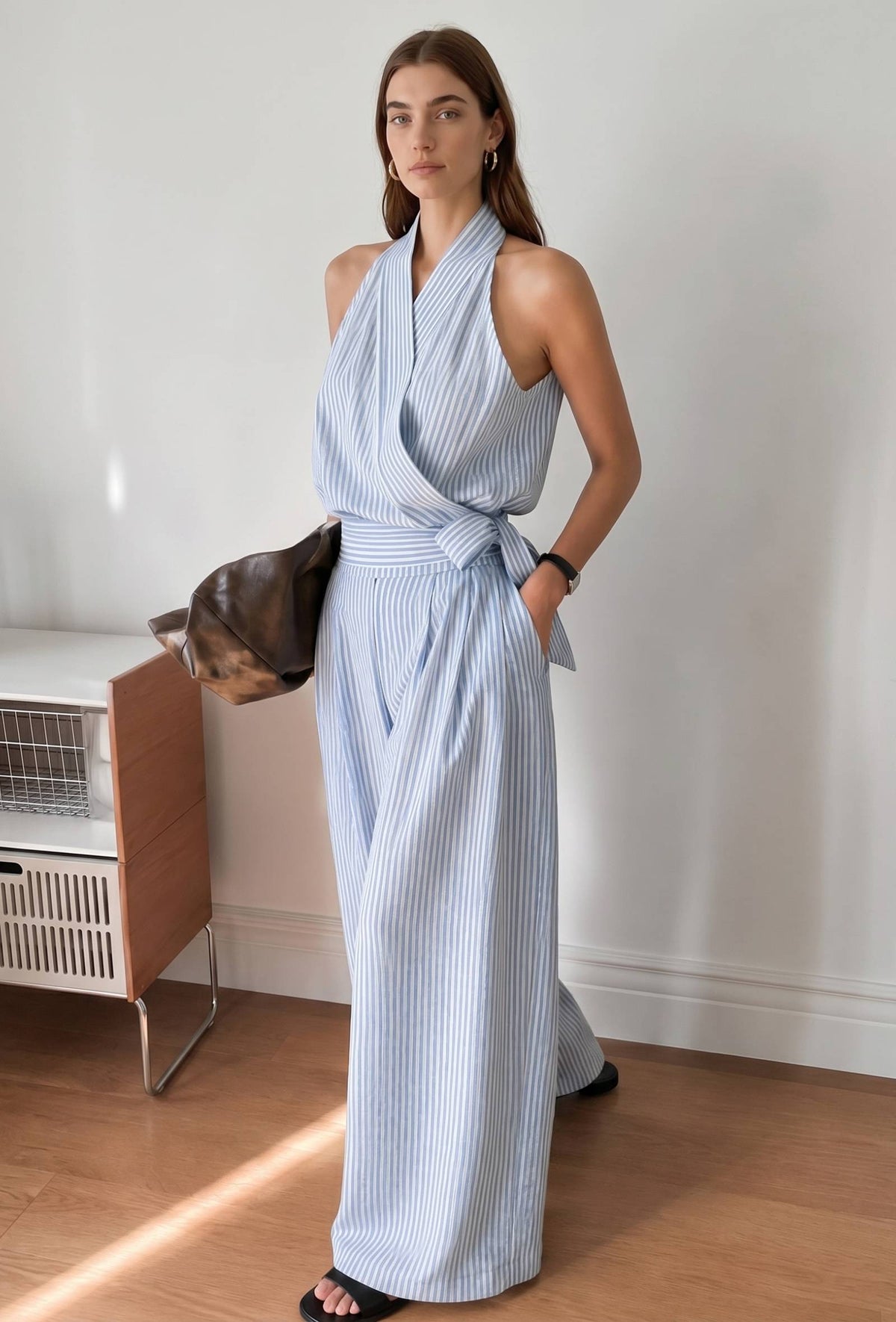 Blue & White Striped Halter Neck Wrap Jumpsuit with Waist Tie-Up サイズ M
