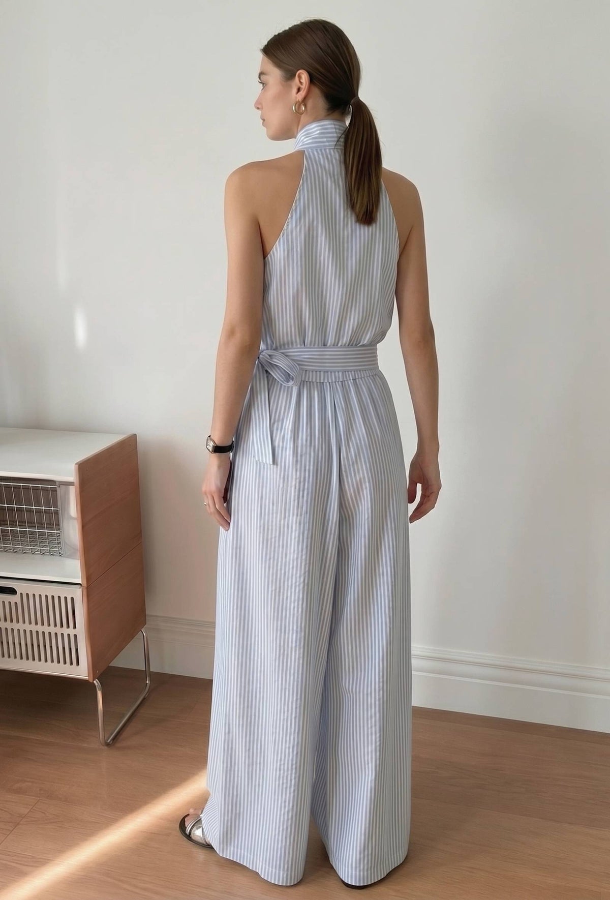 Blue & White Striped Halter Neck Wrap Jumpsuit with Waist Tie-Up サイズ L