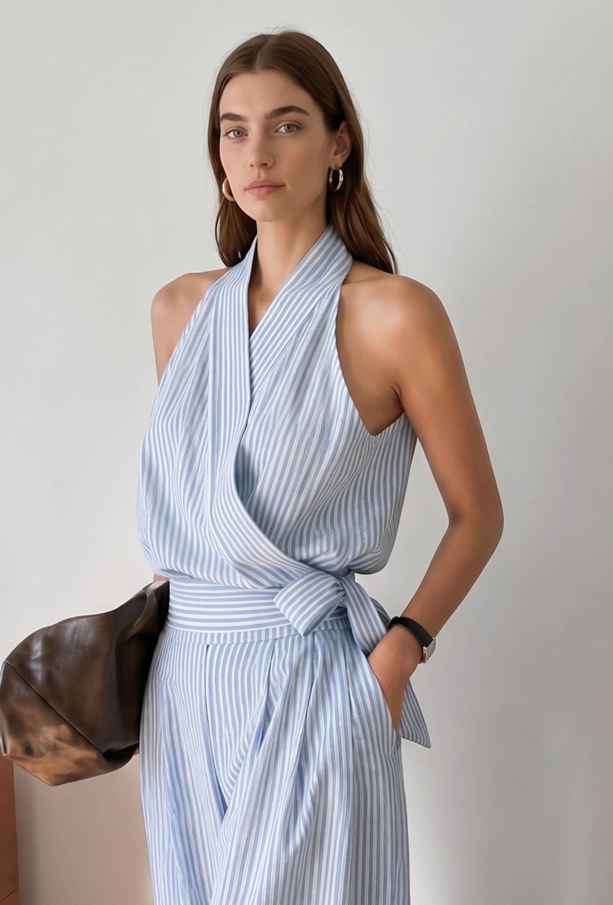 Blue & White Striped Halter Neck Wrap Jumpsuit with Waist Tie-Up サイズ M