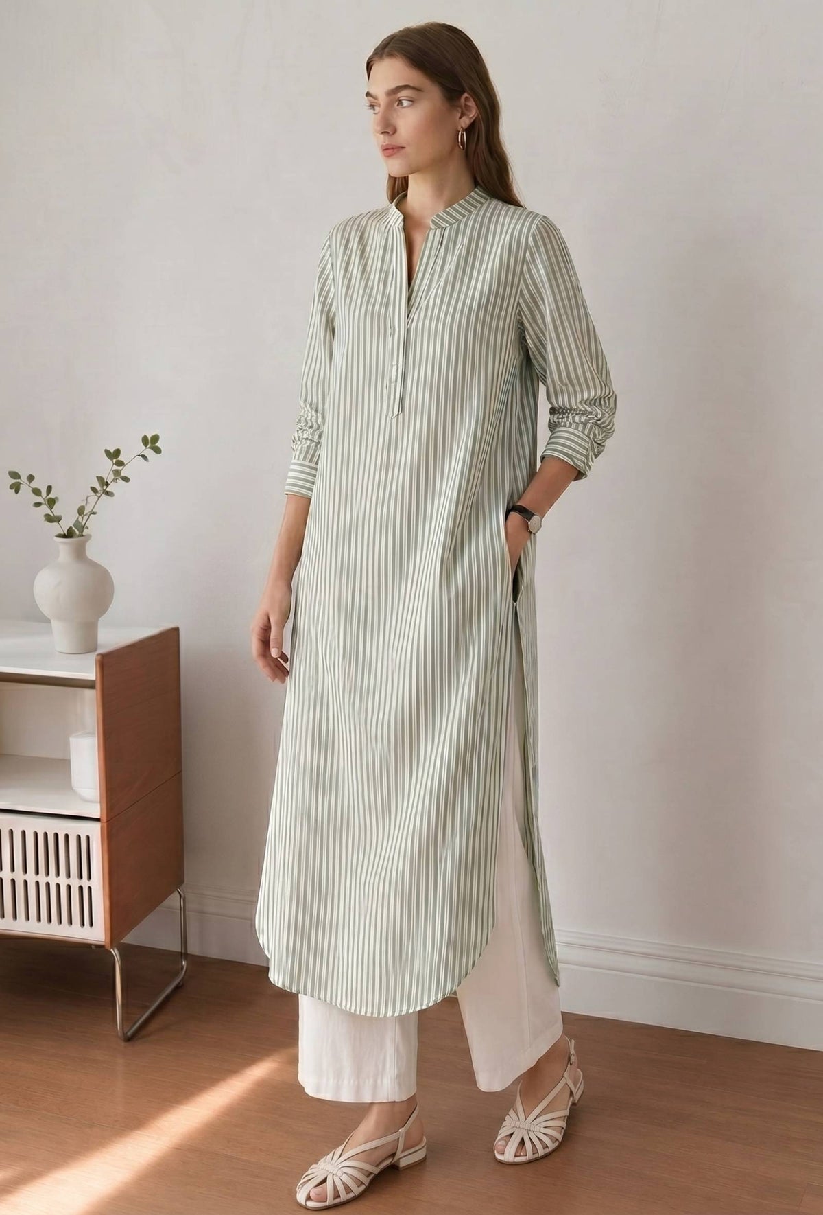 Sage Green Vertical Striped Straight Kurta サイズ M