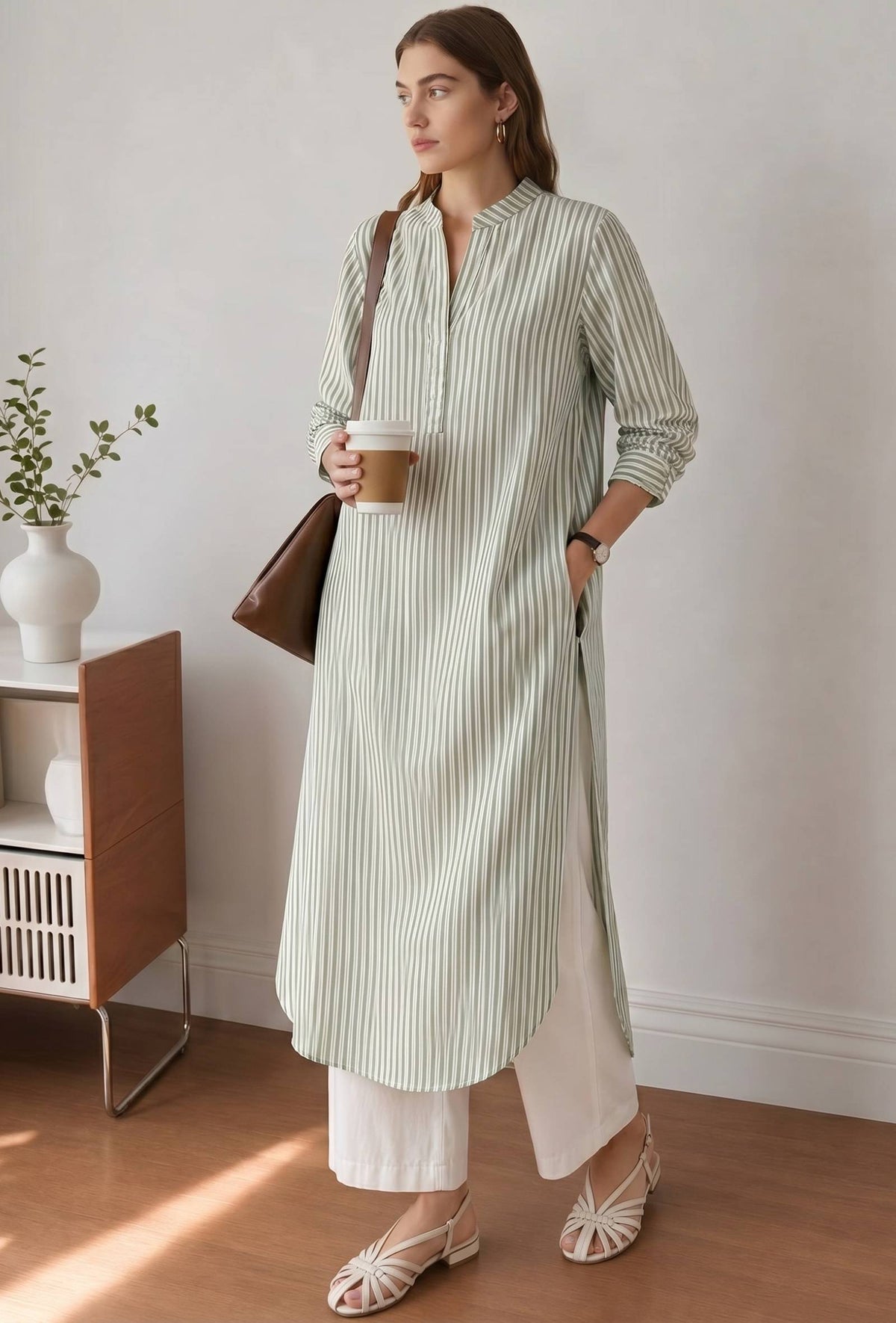 Sage Green Vertical Striped Straight Kurta サイズ XL