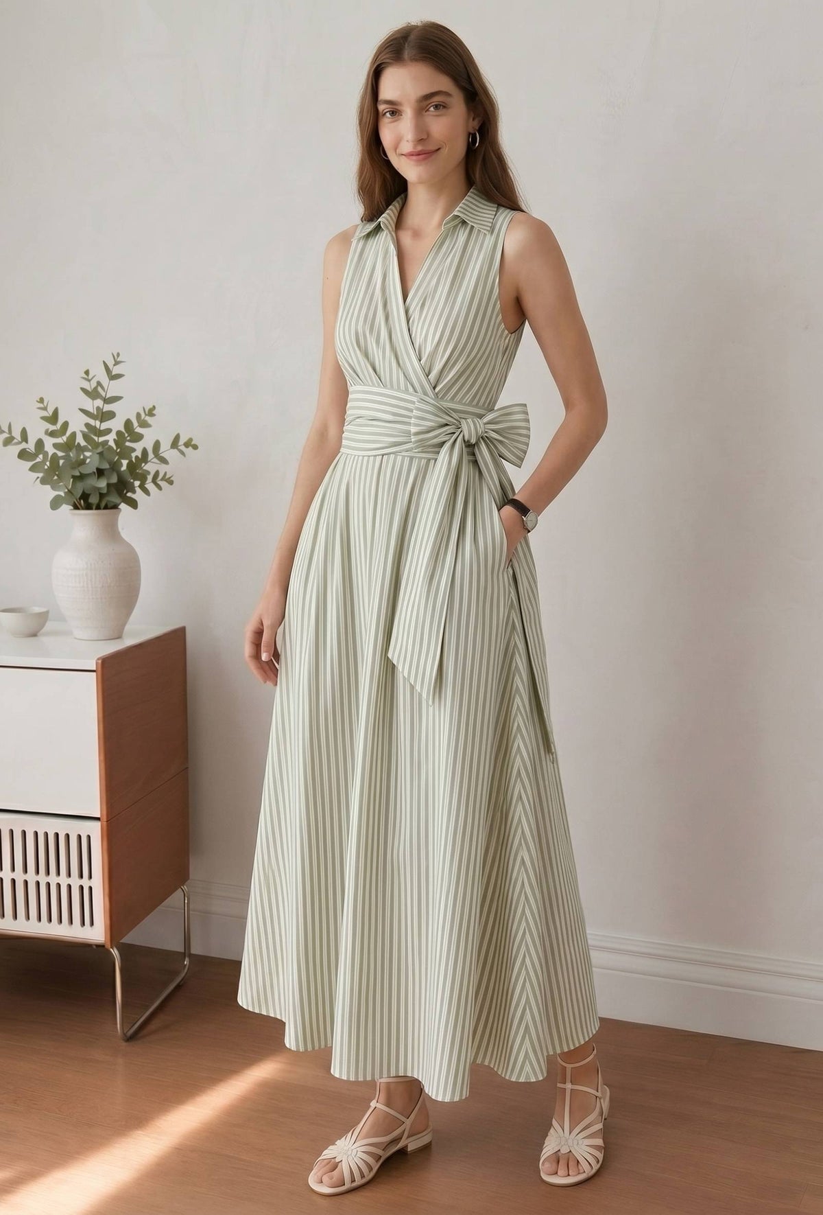Sage Green Striped Sleeveless Wrap Maxi Dress with Waist Tie-Up サイズ XXXL
