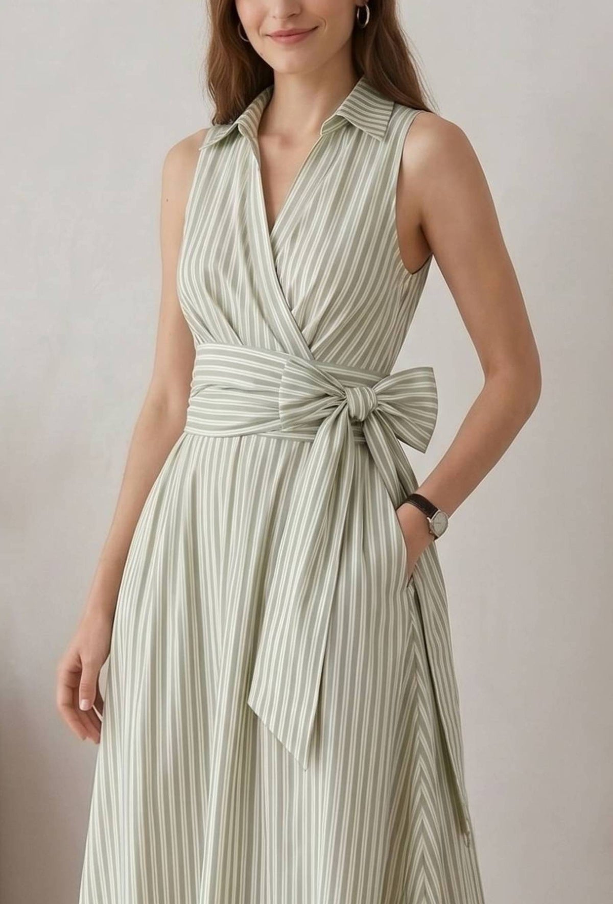 Sage Green Striped Sleeveless Wrap Maxi Dress with Waist Tie-Up サイズ M