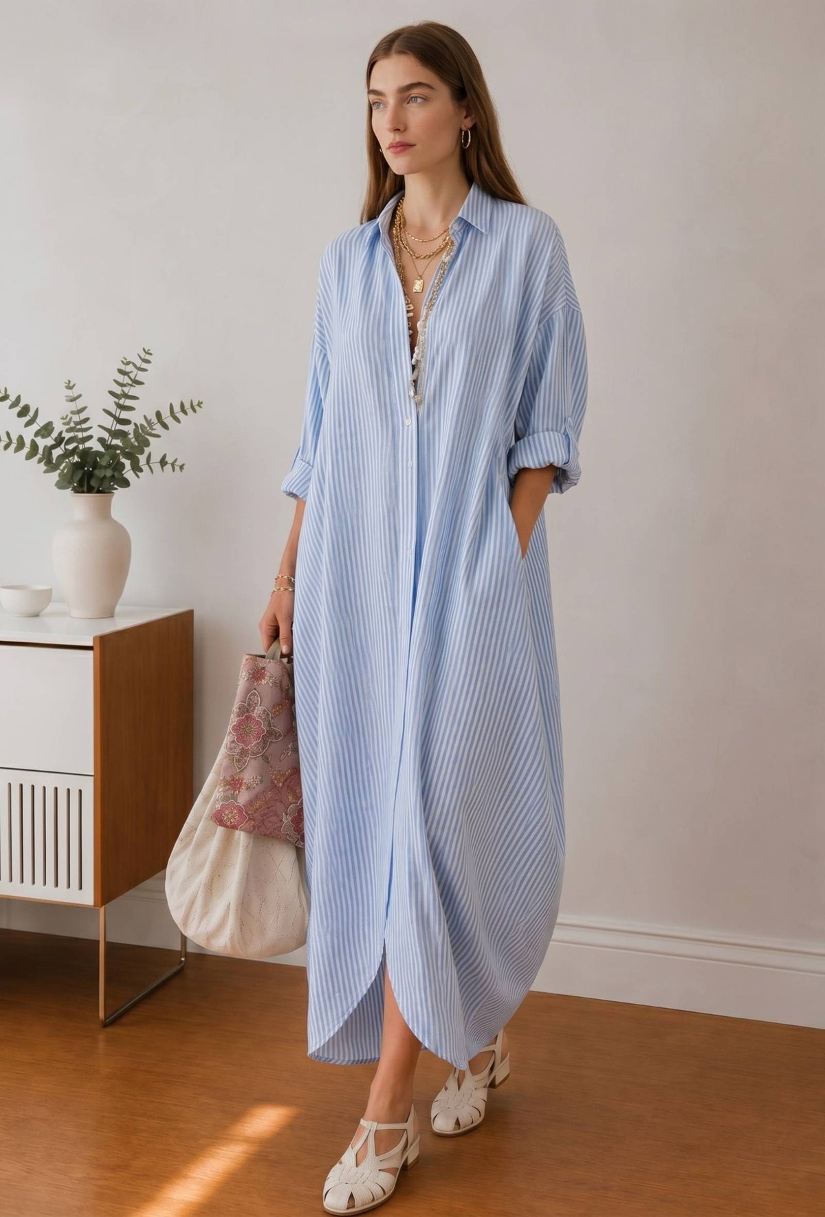 Blue & White Striped Oversized Shirt Maxi Dress サイズ XXXL