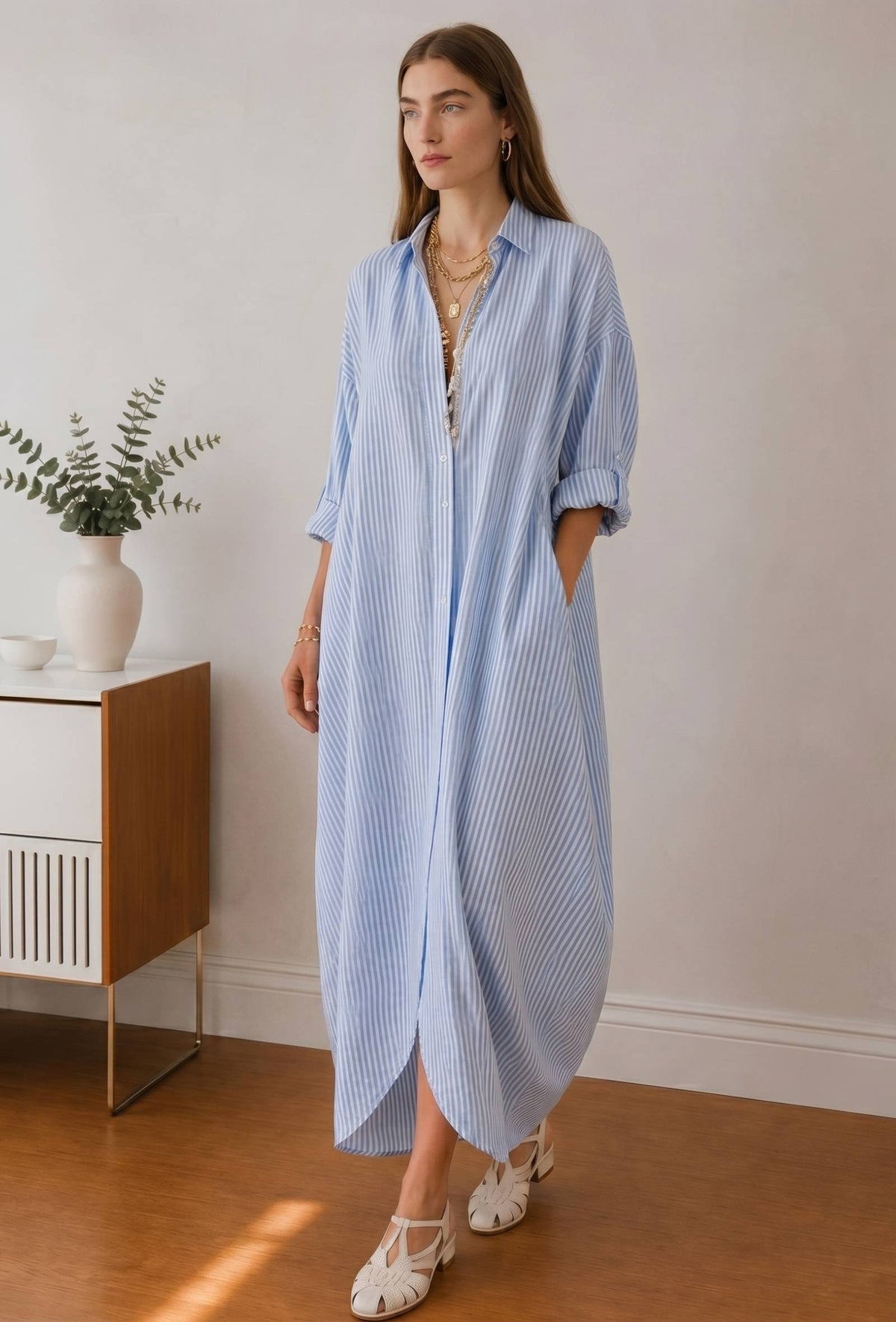 Blue & White Striped Oversized Shirt Maxi Dress サイズ XS