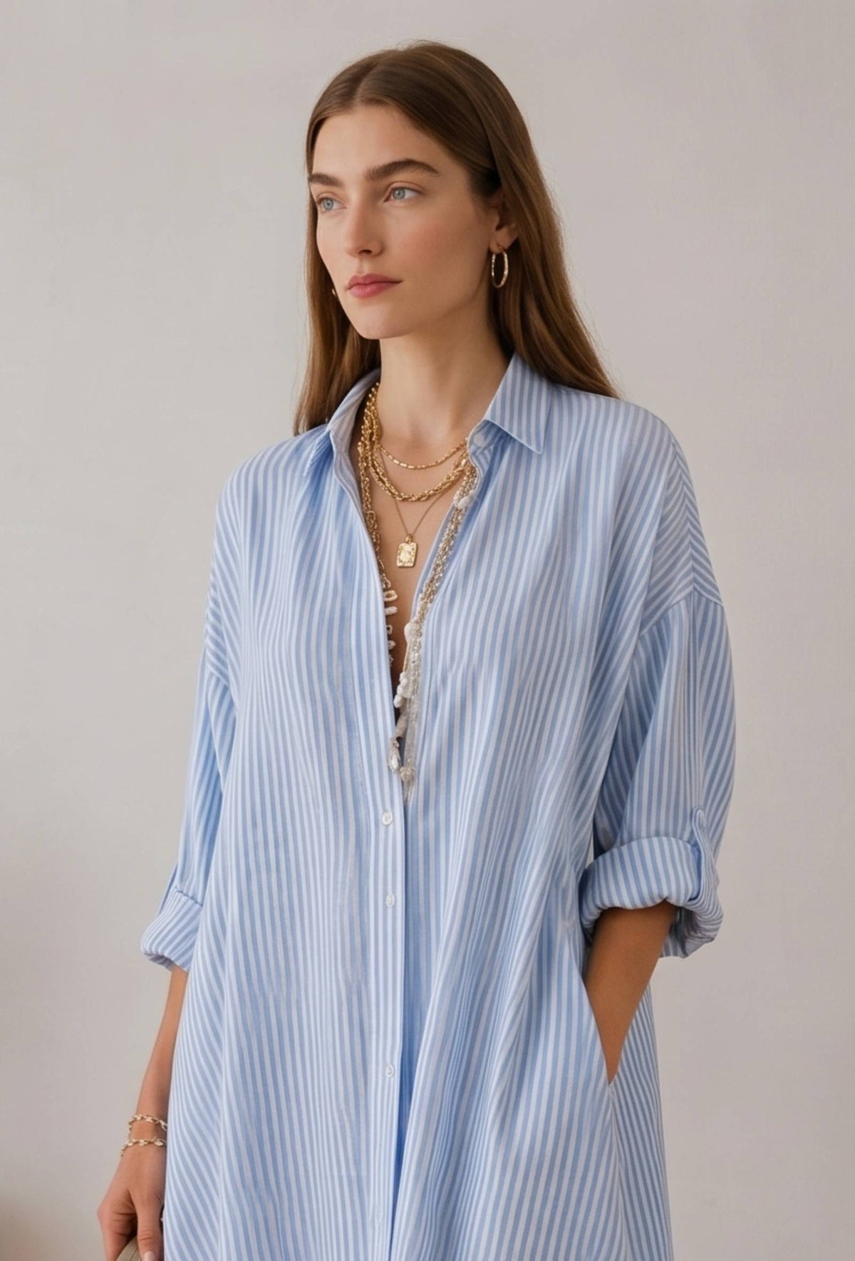 Blue & White Striped Oversized Shirt Maxi Dress サイズ XL