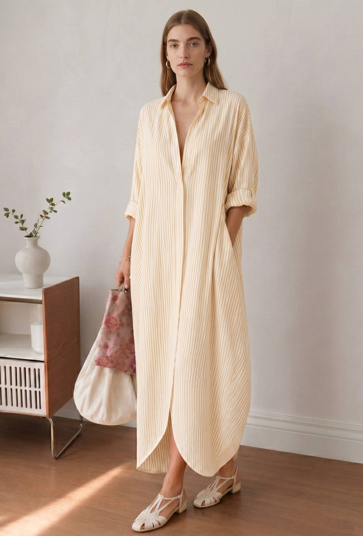 Lemon Yellow Striped Relaxed Fit Shirt Collar Maxi Dress サイズ XXXL