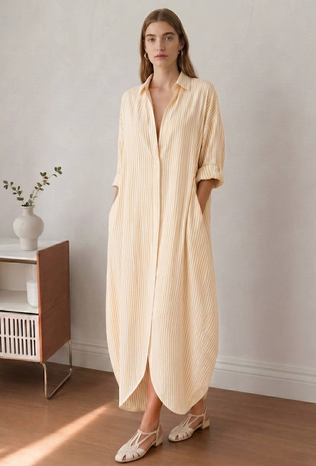 Lemon Yellow Striped Relaxed Fit Shirt Collar Maxi Dress サイズ XXXL