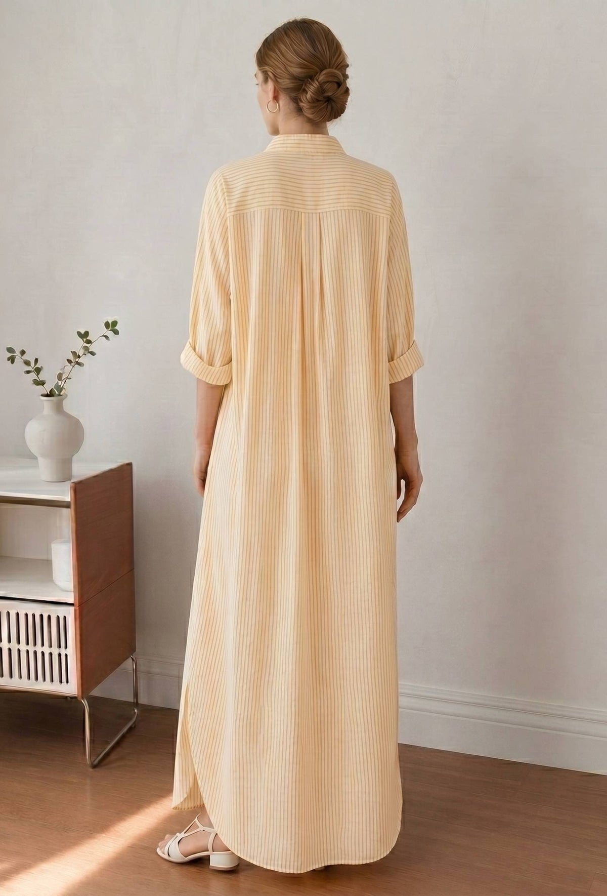 Lemon Yellow Striped Relaxed Fit Shirt Collar Maxi Dress サイズ XXXL