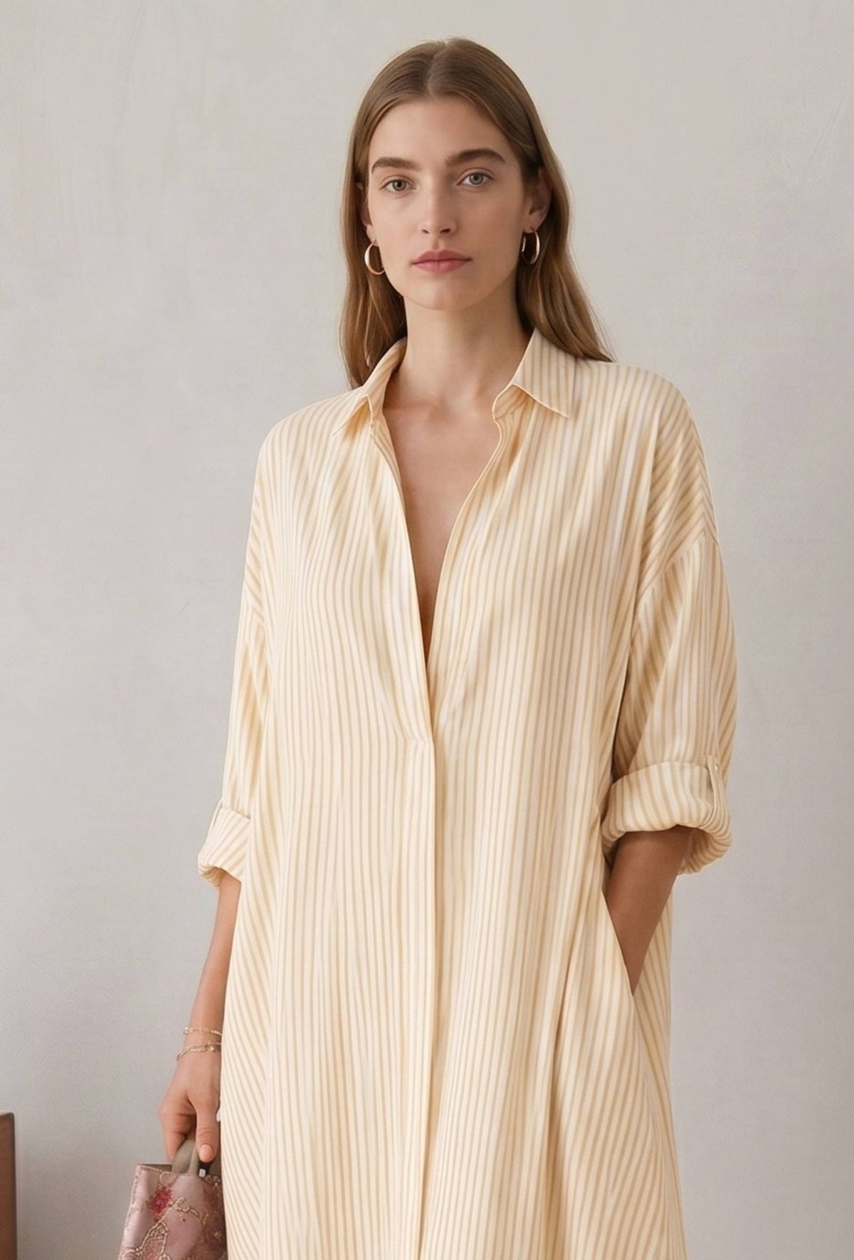 Lemon Yellow Striped Relaxed Fit Shirt Collar Maxi Dress サイズ XXXL