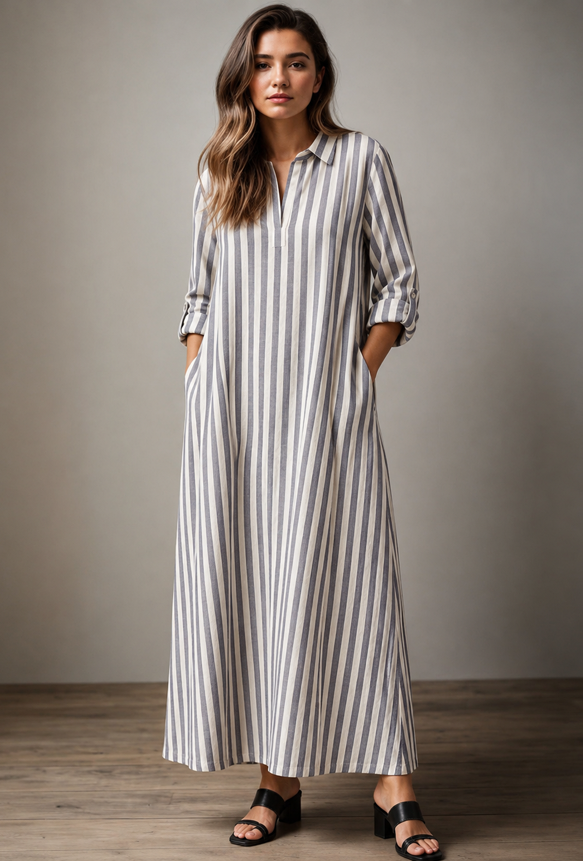 White & Blue Striped Cotton Shirt Dress サイズ M