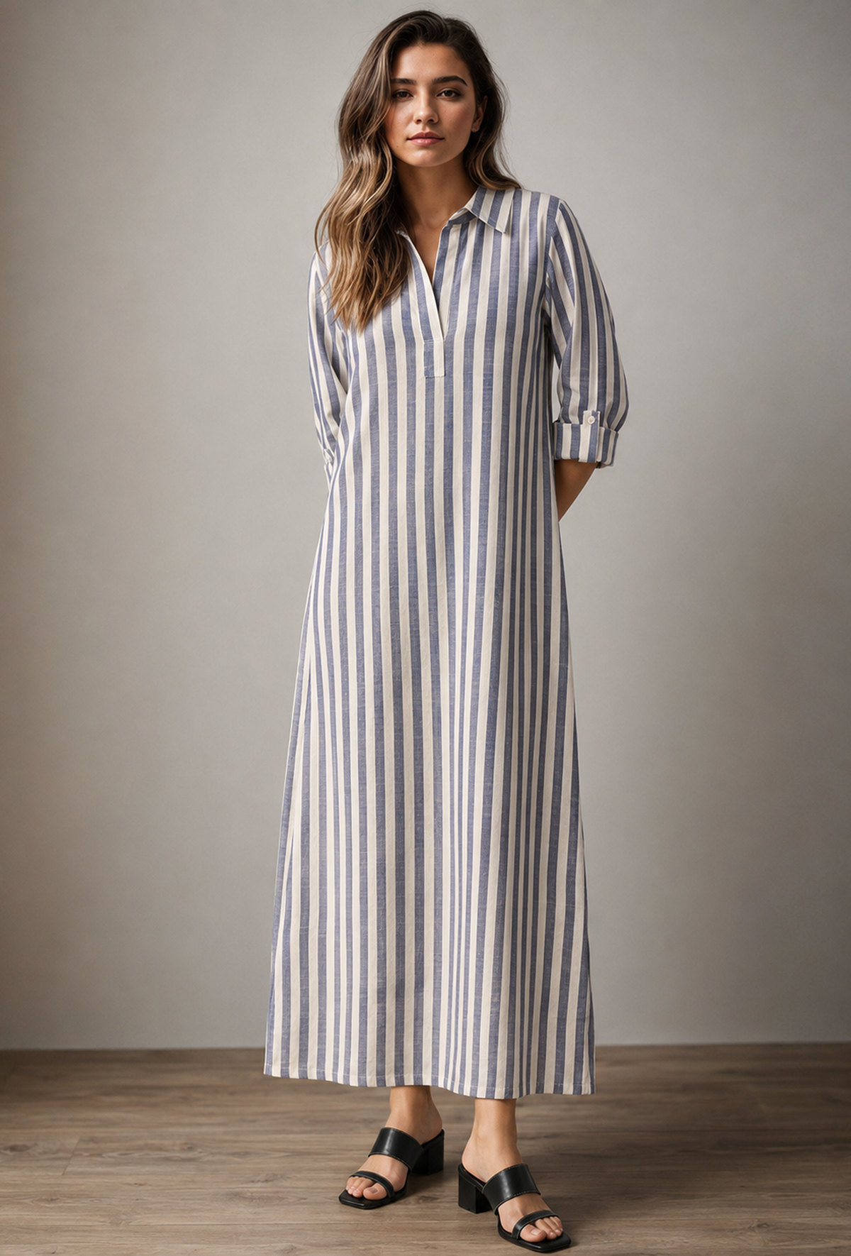 White & Blue Striped Cotton Shirt Dress サイズ XL