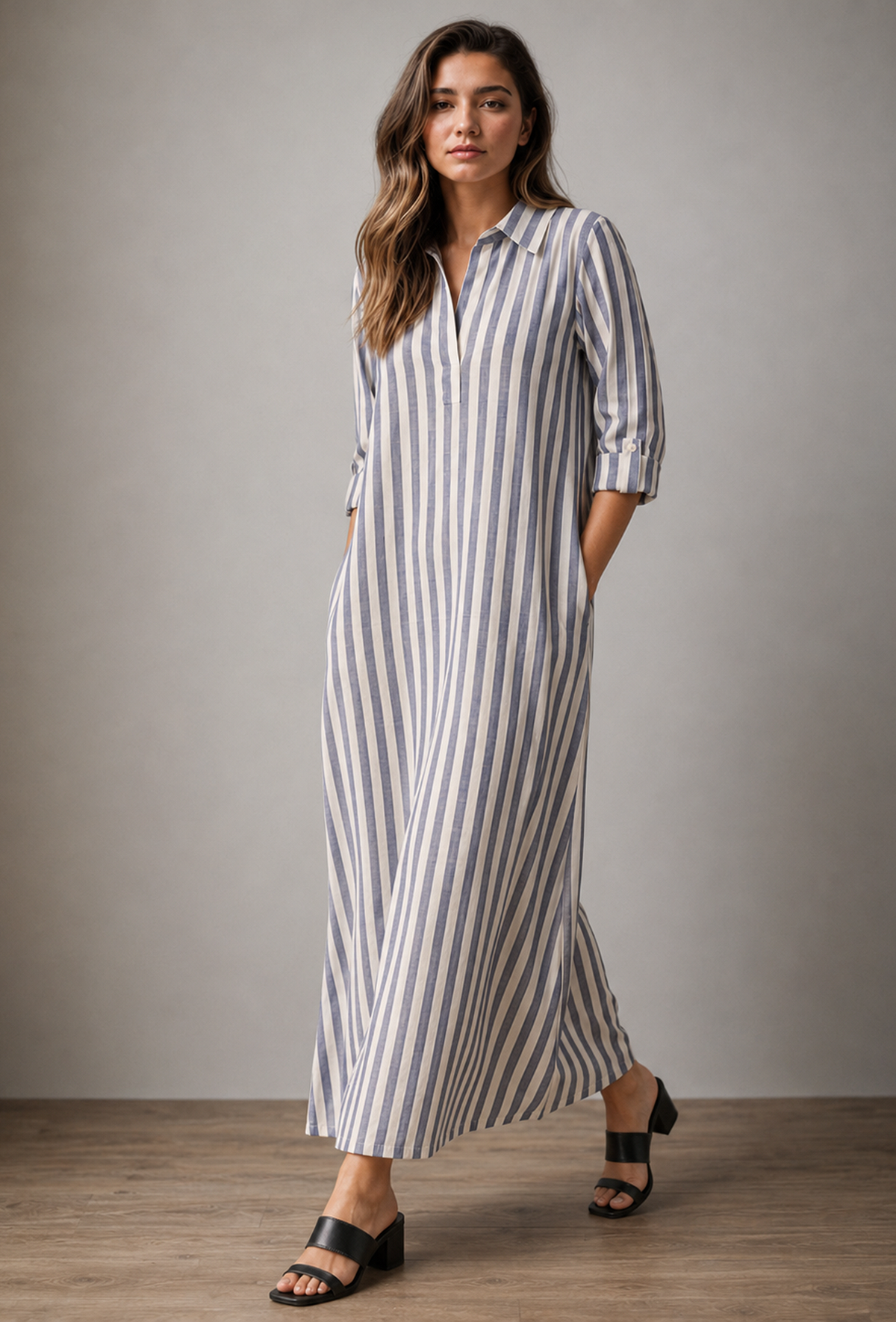 White & Blue Striped Cotton Shirt Dress サイズ XS