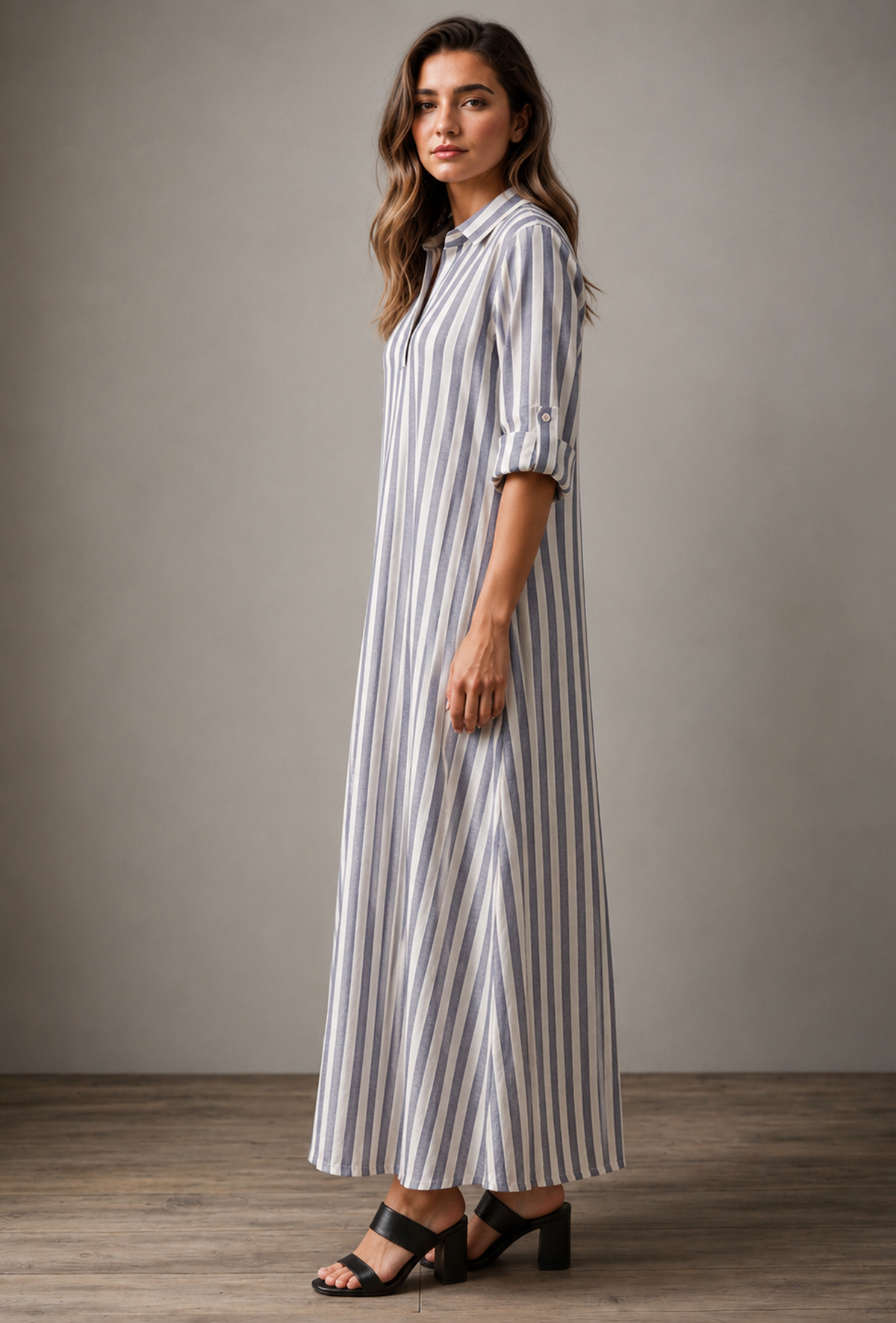 White & Blue Striped Cotton Shirt Dress サイズ XS