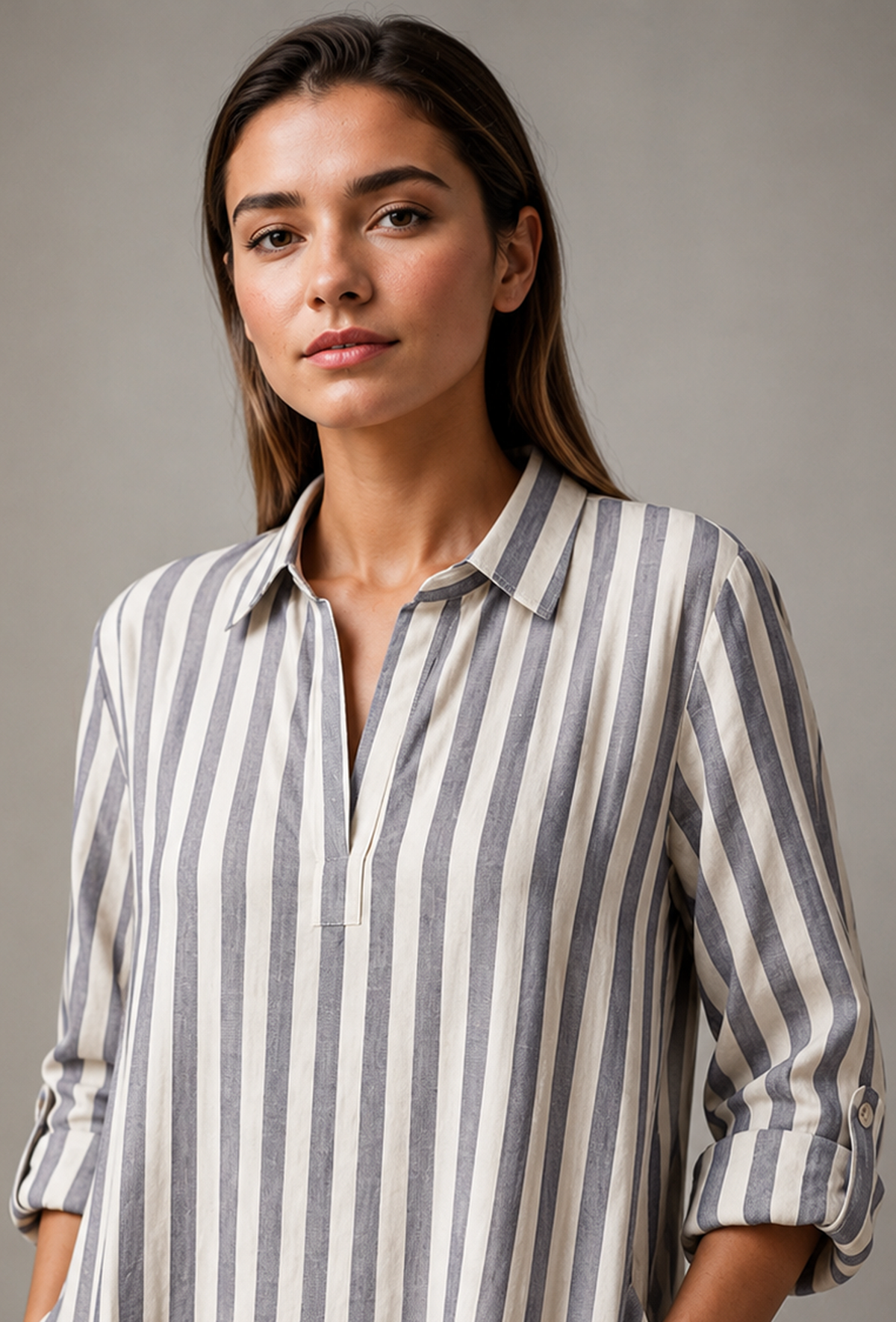 White & Blue Striped Cotton Shirt Dress サイズ M