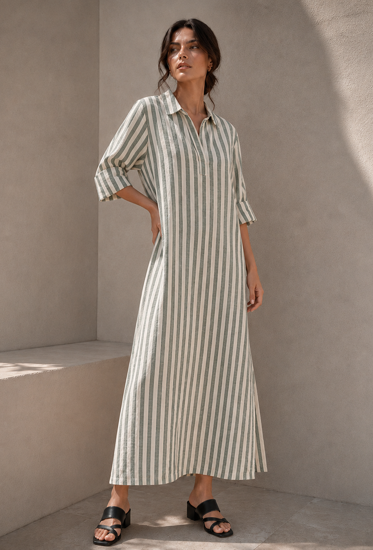 Sage Green Striped Cotton Shirt Maxi Dress サイズ L