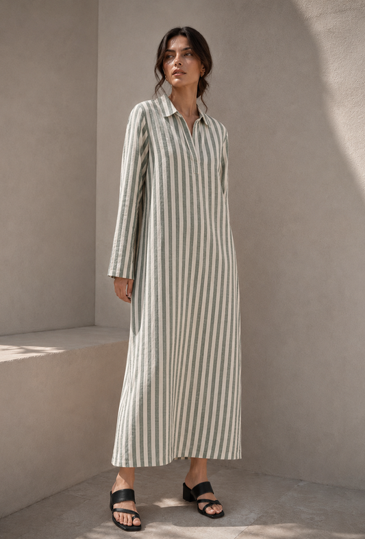 Sage Green Striped Cotton Shirt Maxi Dress サイズ M