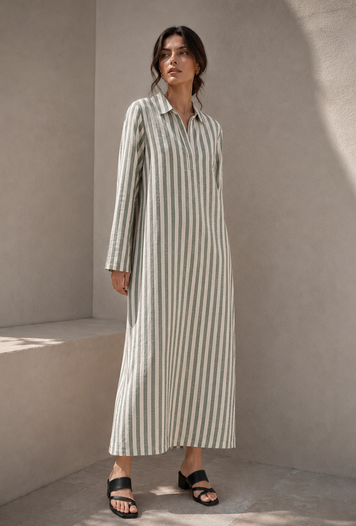 Sage Green Striped Cotton Shirt Maxi Dress サイズ XXXL