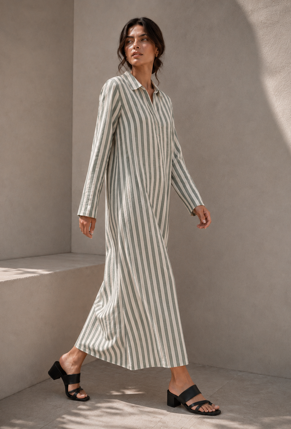 Sage Green Striped Cotton Shirt Maxi Dress サイズ XL