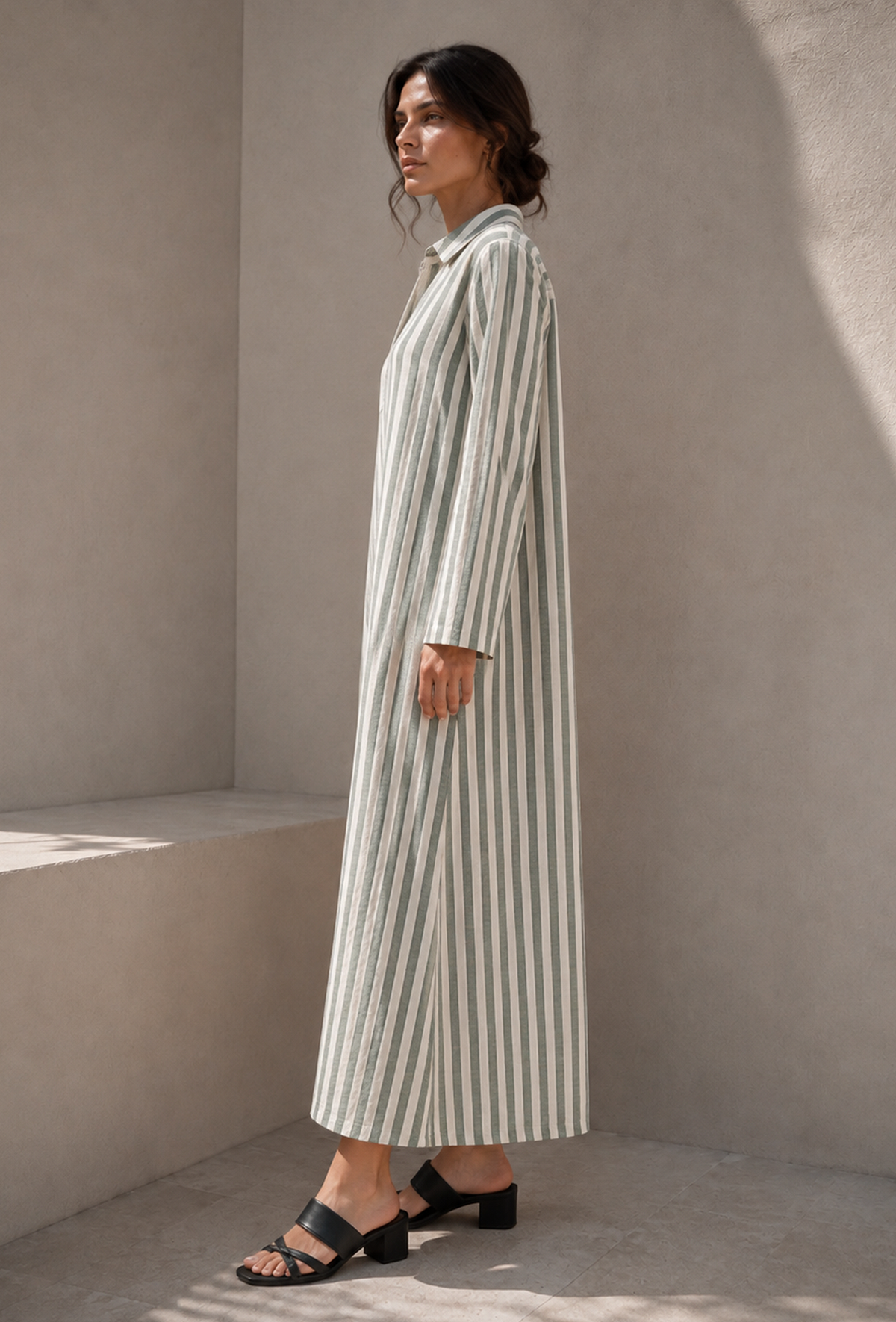 Sage Green Striped Cotton Shirt Maxi Dress サイズ M