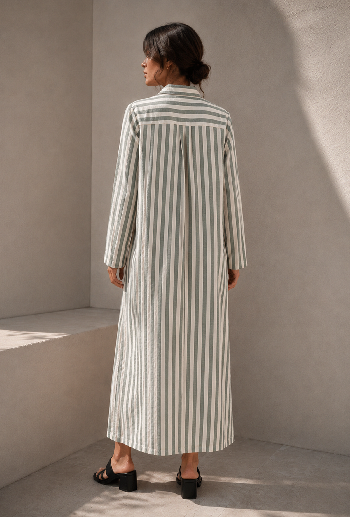 Sage Green Striped Cotton Shirt Maxi Dress サイズ L