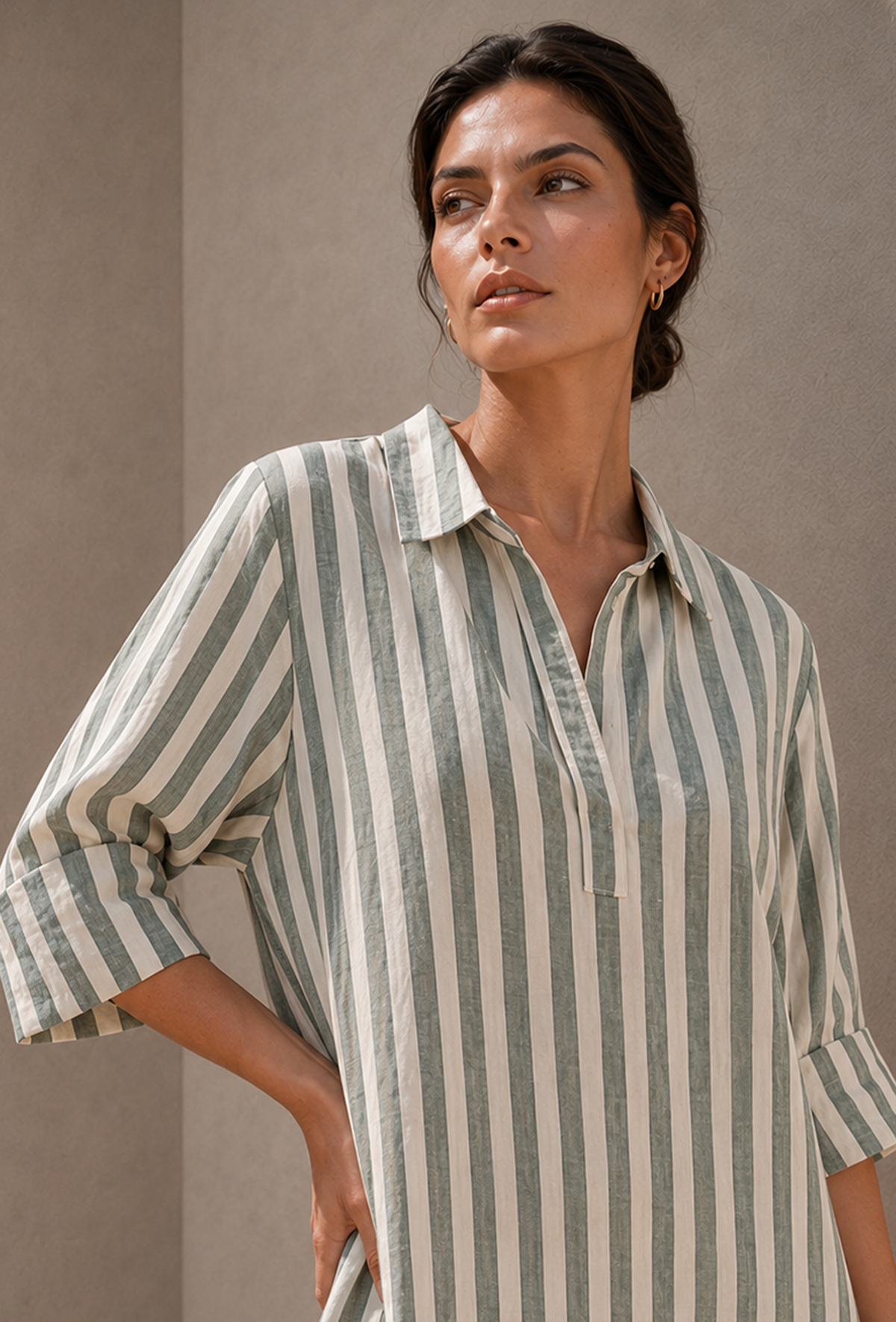 Sage Green Striped Cotton Shirt Maxi Dress サイズ M