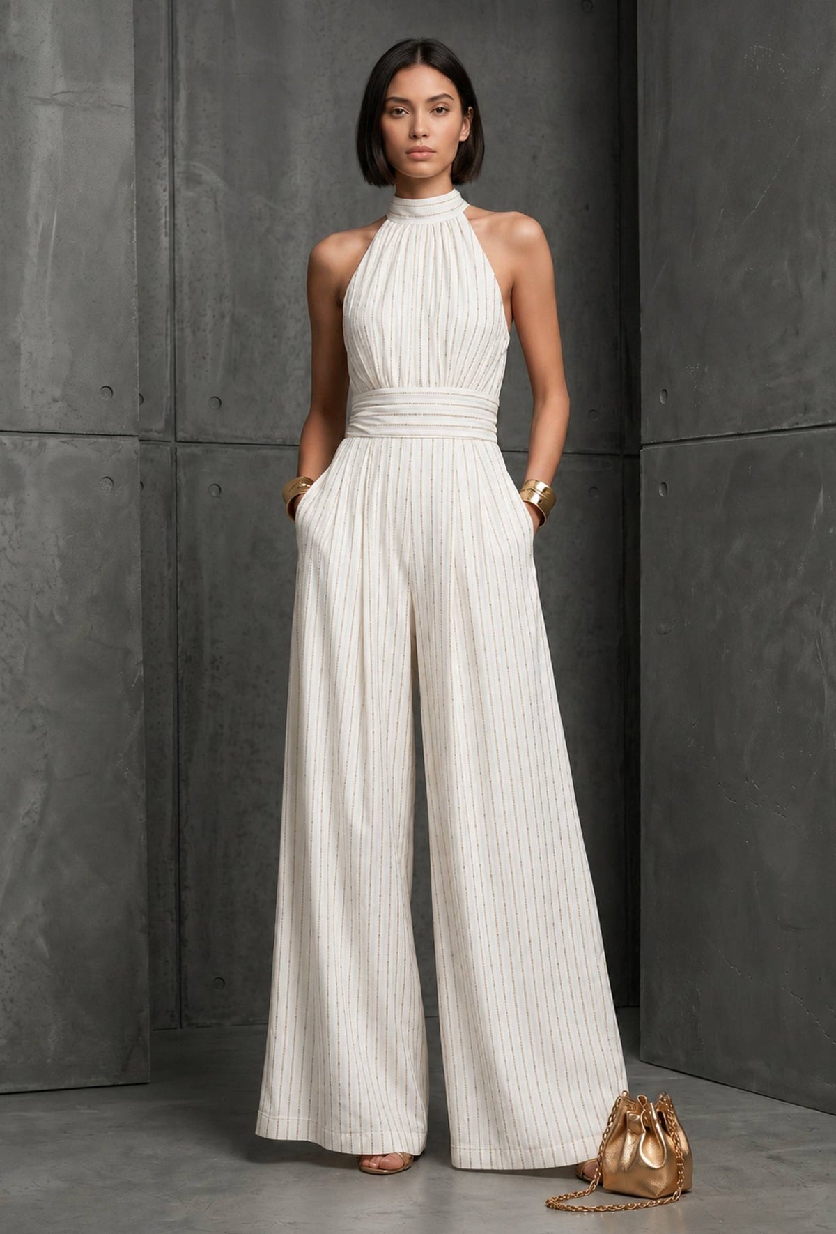 White Pinstripe Halter Neck Wide-Leg Cotton Silk Jumpsuit サイズ S