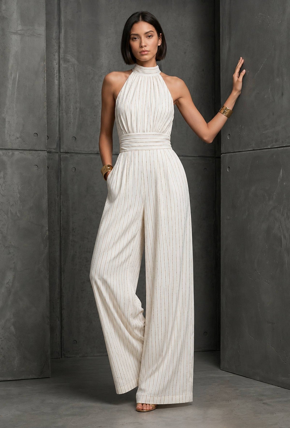 White Pinstripe Halter Neck Wide-Leg Cotton Silk Jumpsuit サイズ XS