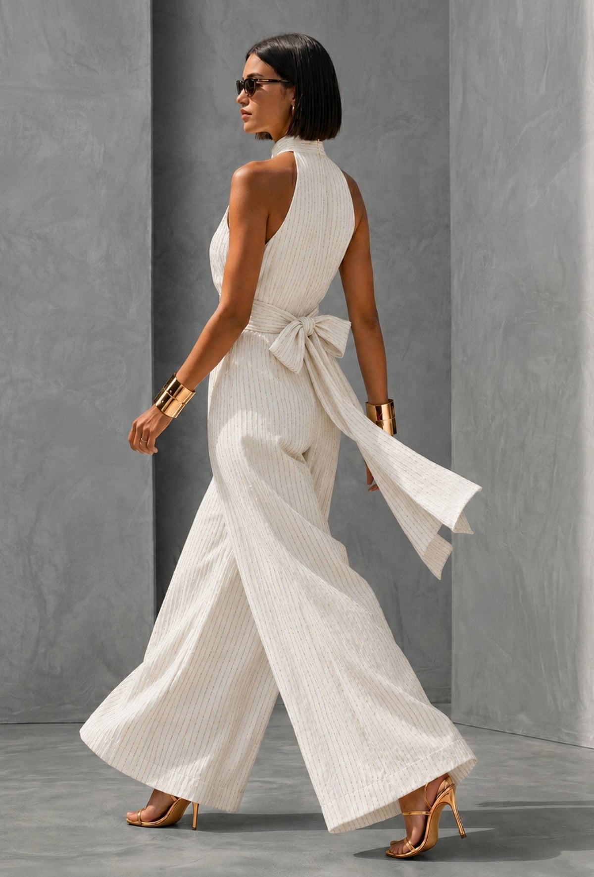 White Pinstripe Halter Neck Wide-Leg Cotton Silk Jumpsuit サイズ L