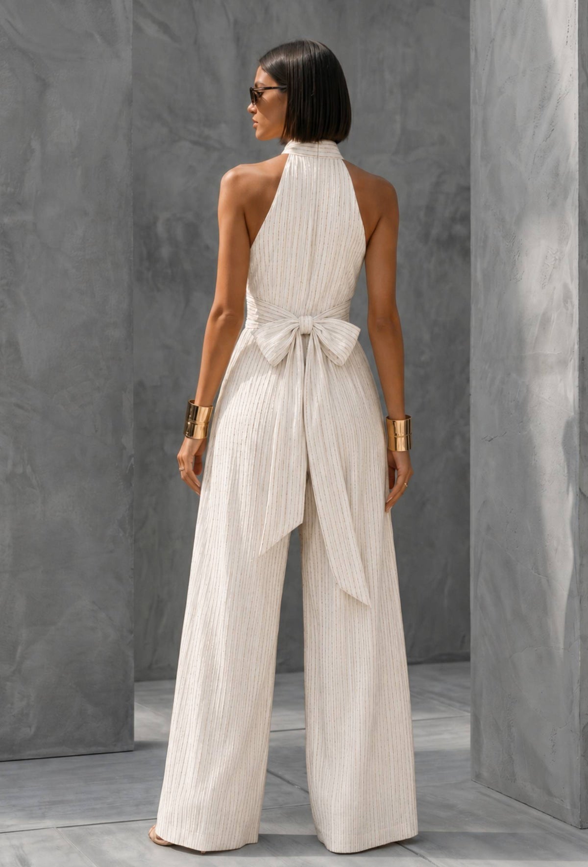 White Pinstripe Halter Neck Wide-Leg Cotton Silk Jumpsuit サイズ XXL