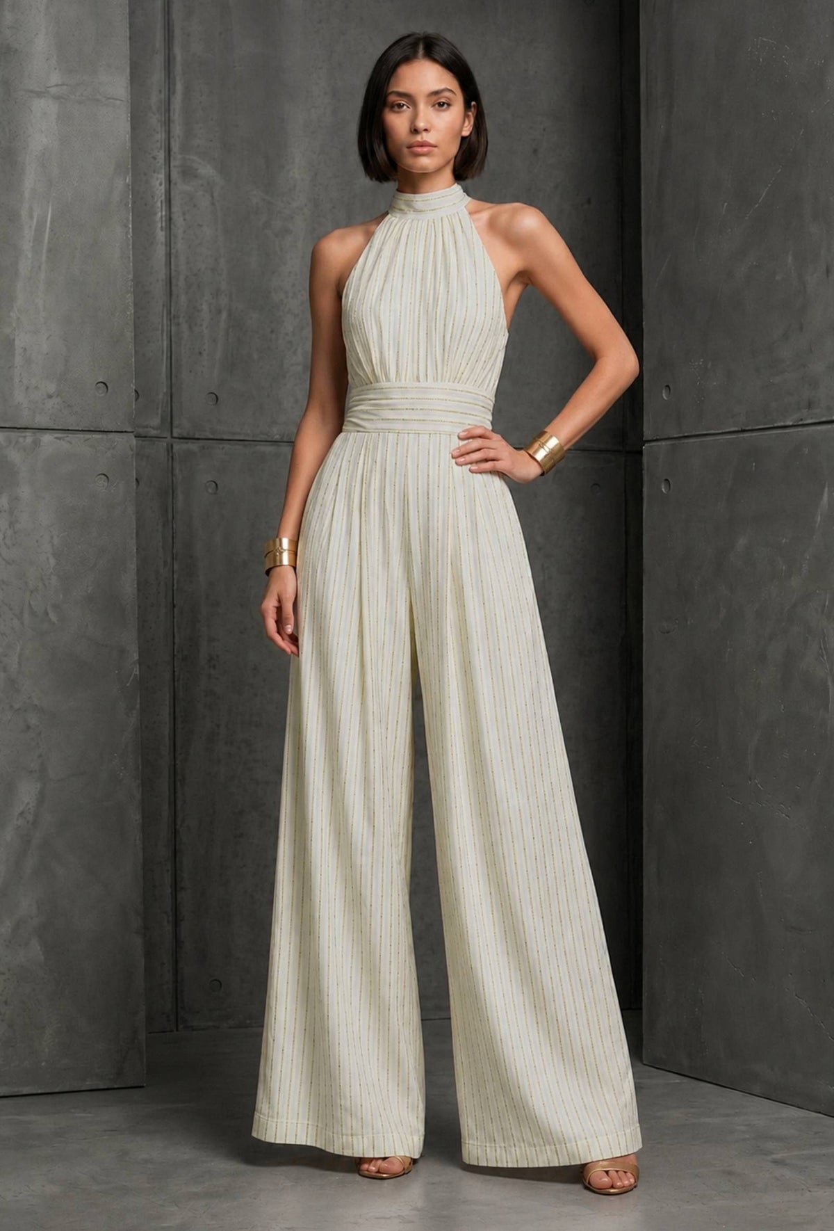 Ivory Lurex Stripe Halter Neck Cotton Silk Jumpsuit サイズ L
