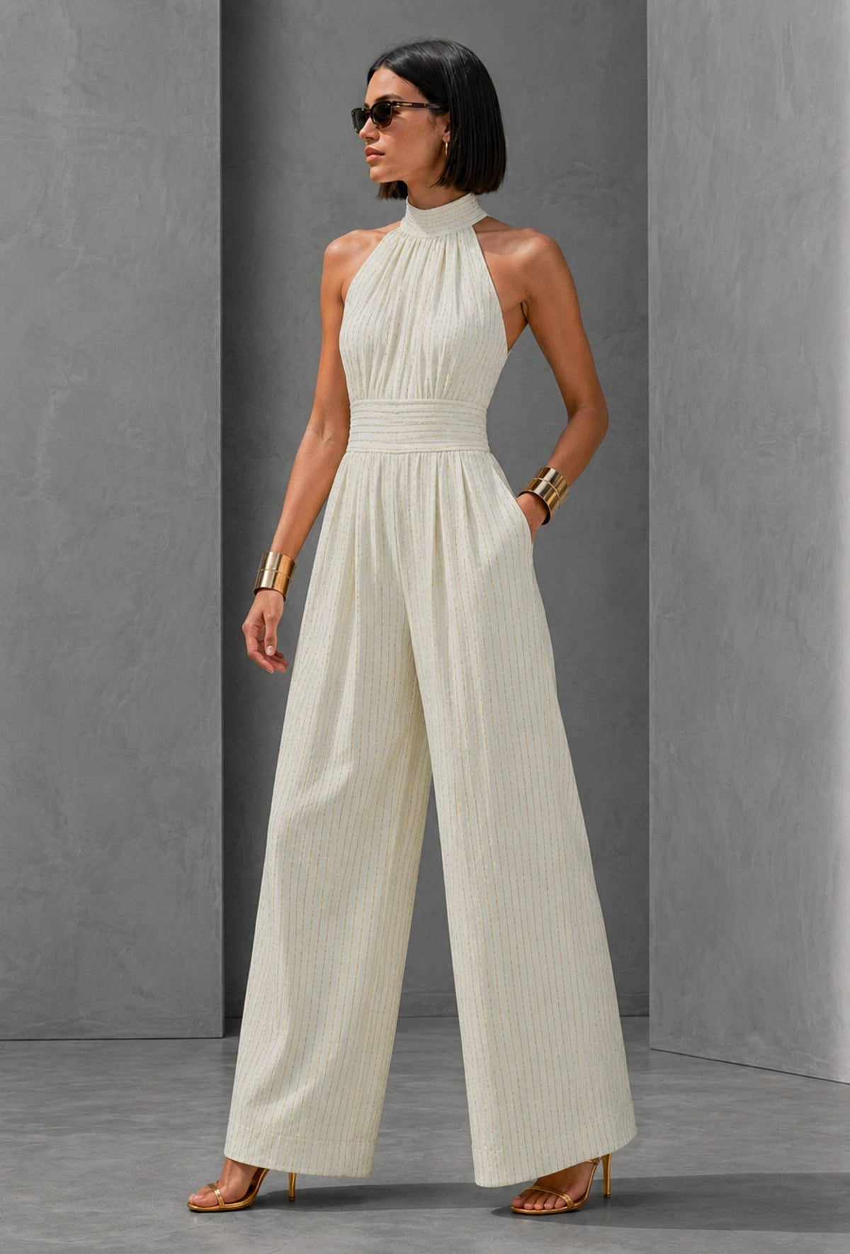 Ivory Lurex Stripe Halter Neck Cotton Silk Jumpsuit サイズ XXL