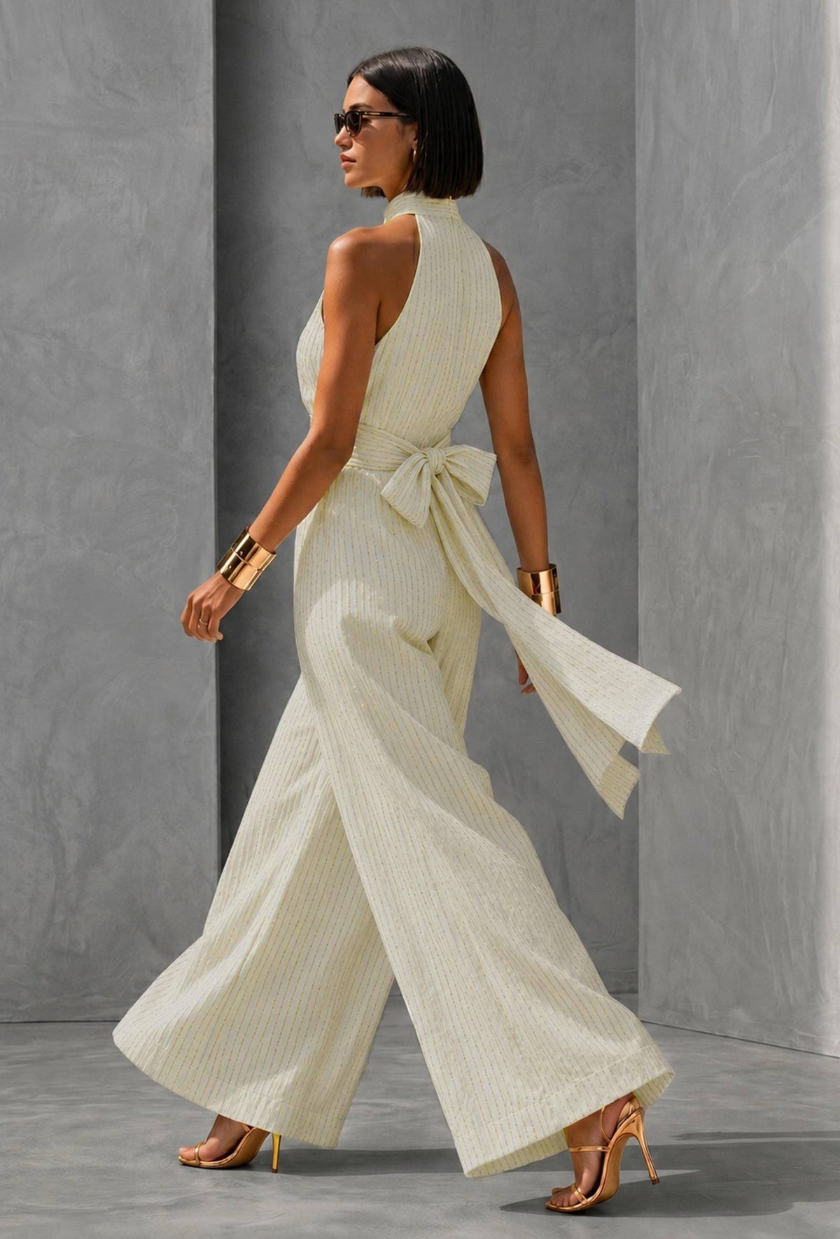 Ivory Lurex Stripe Halter Neck Cotton Silk Jumpsuit サイズ M